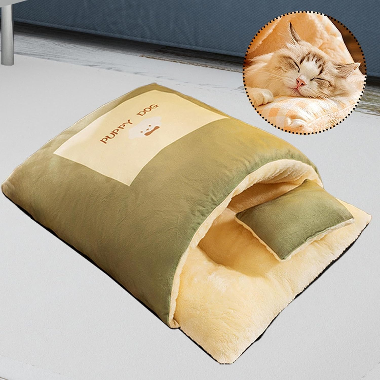 Fewnvwa Pet Bed Cat Sleeping Bag with Warm Pillow Semi-Enclosed Washable Puppy Small Dogs Bag Cave Cute Thermal Cushion For, L Green image number 2