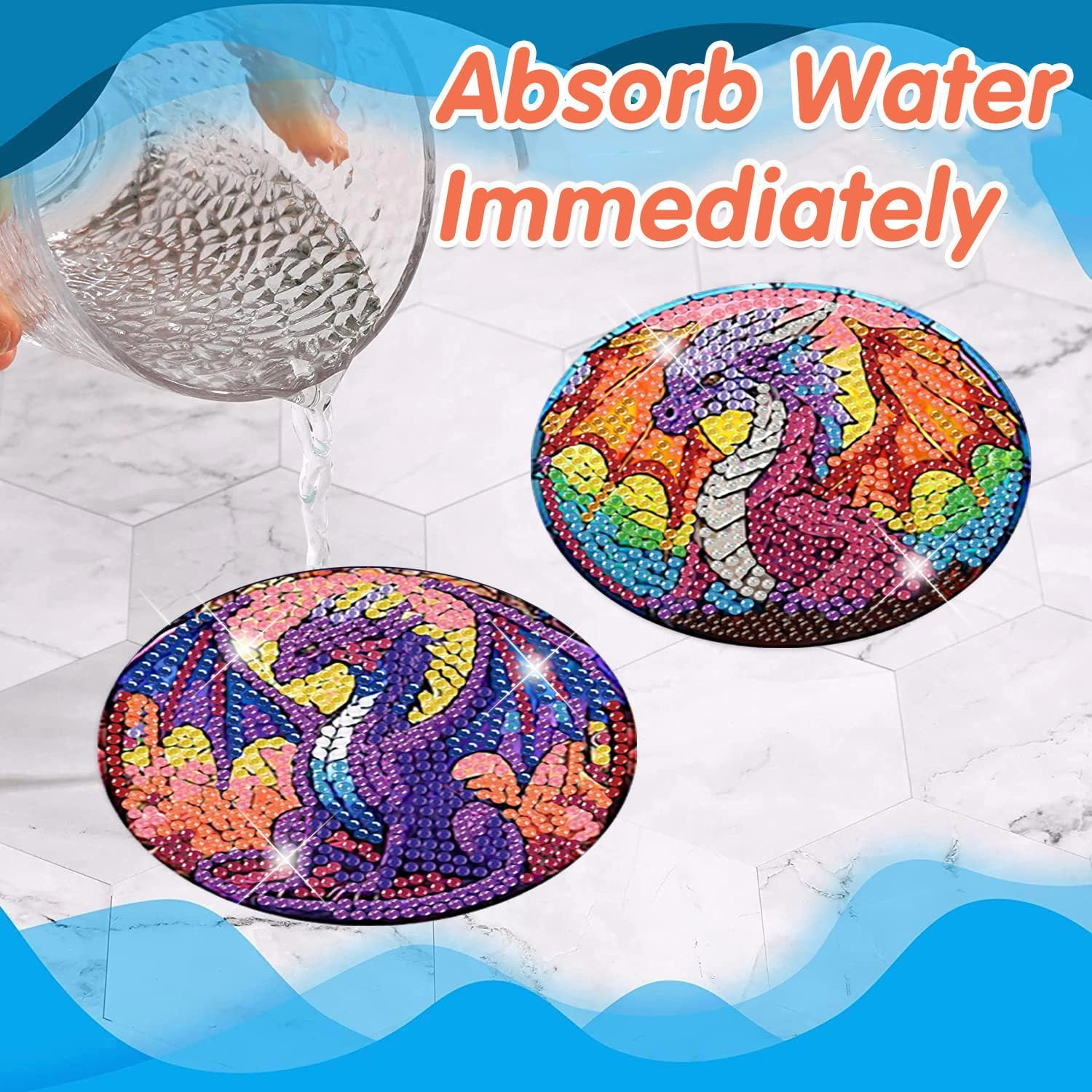 Ijbnhd 8 PCS Dragon DIY Diamond Painting Coasters Set with Holder, 5D Crafts Supplies (Cork Wooden Pad, Multicolored Red Green Gold) image number 3