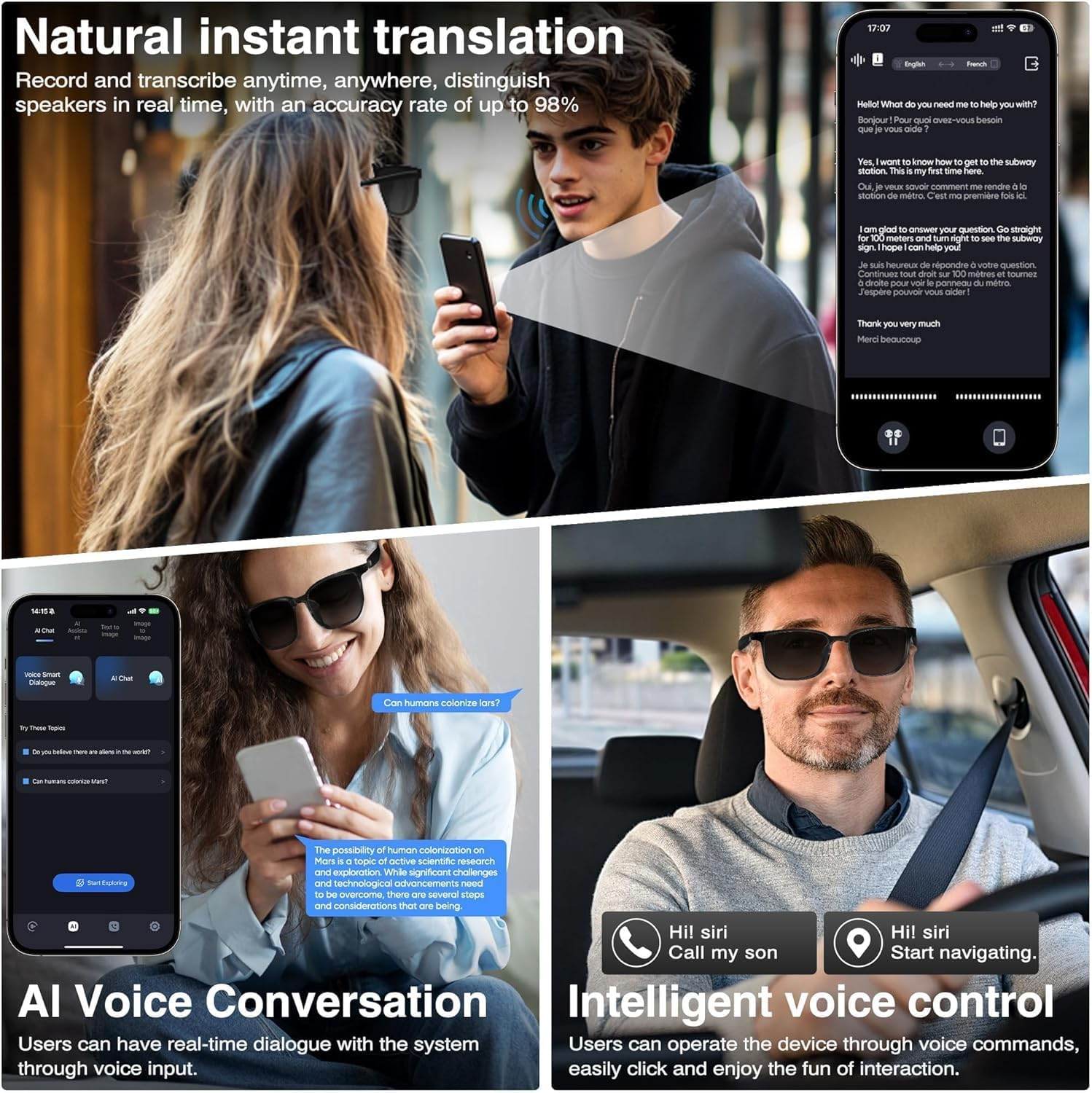 Smart Glasses with AI Assistant, Polarized UV Protection Lenses, Bluetooth Connectivity, Black image number 2