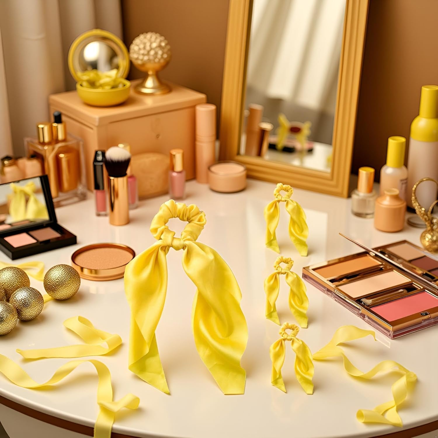 4 Pcs Yellow Women Girl Bow Satin Ribbon Ponytail Scarf Hair Tie Rope Scrunchies Elastic Band Hair Scrunchies Bands Elastics and Ties Hair Elastics Ties Hair Accessories image number 6