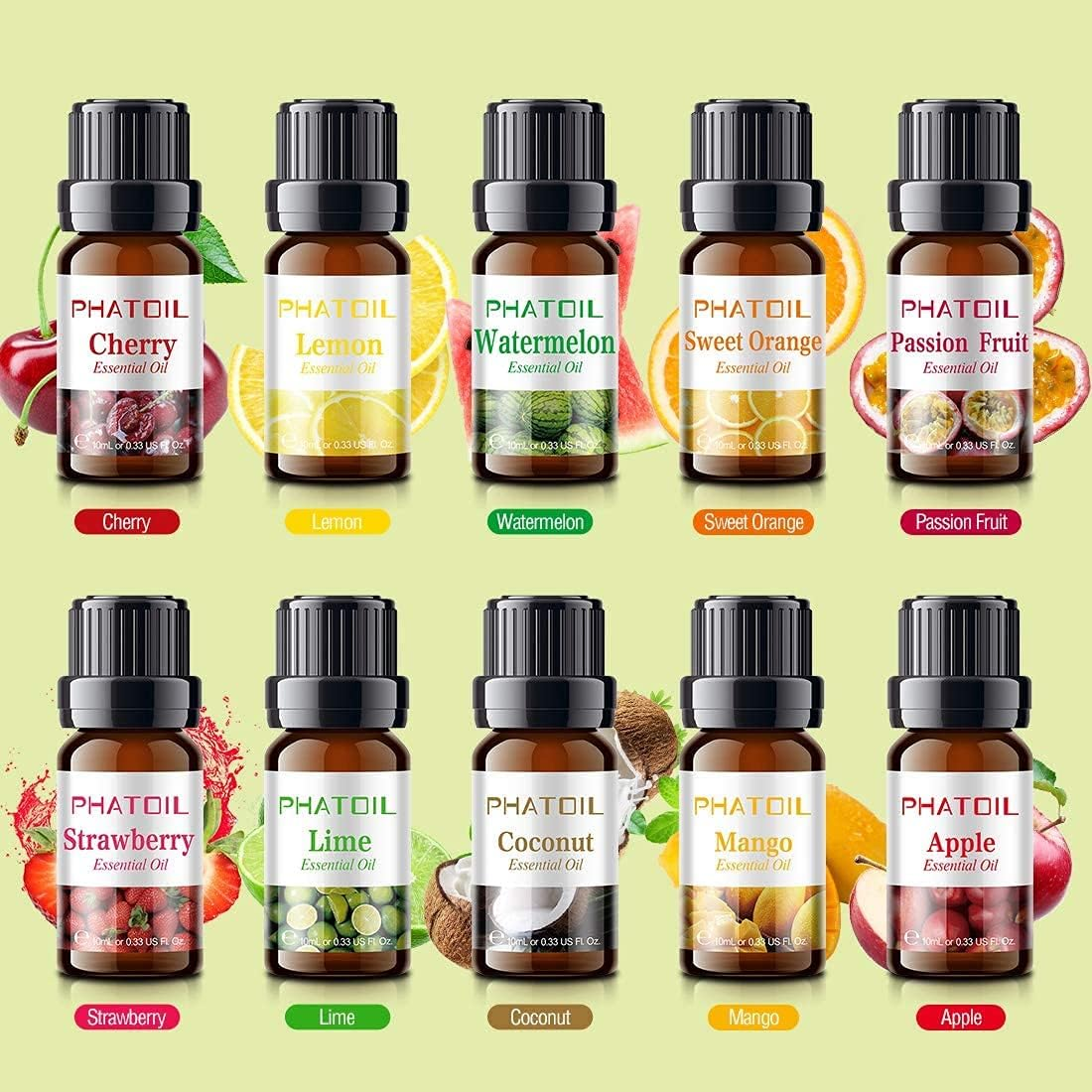 PHATOIL Fruity Fragrance Essential Oil Set 10 X 10 Ml, Aromatherapy Premium Grade Oils Kit, Cherry, Mango, Coconut, Lemon, Apple, Passion Fruit, Watermelon, Sweet Orange, Lime, Strawberry image number 6