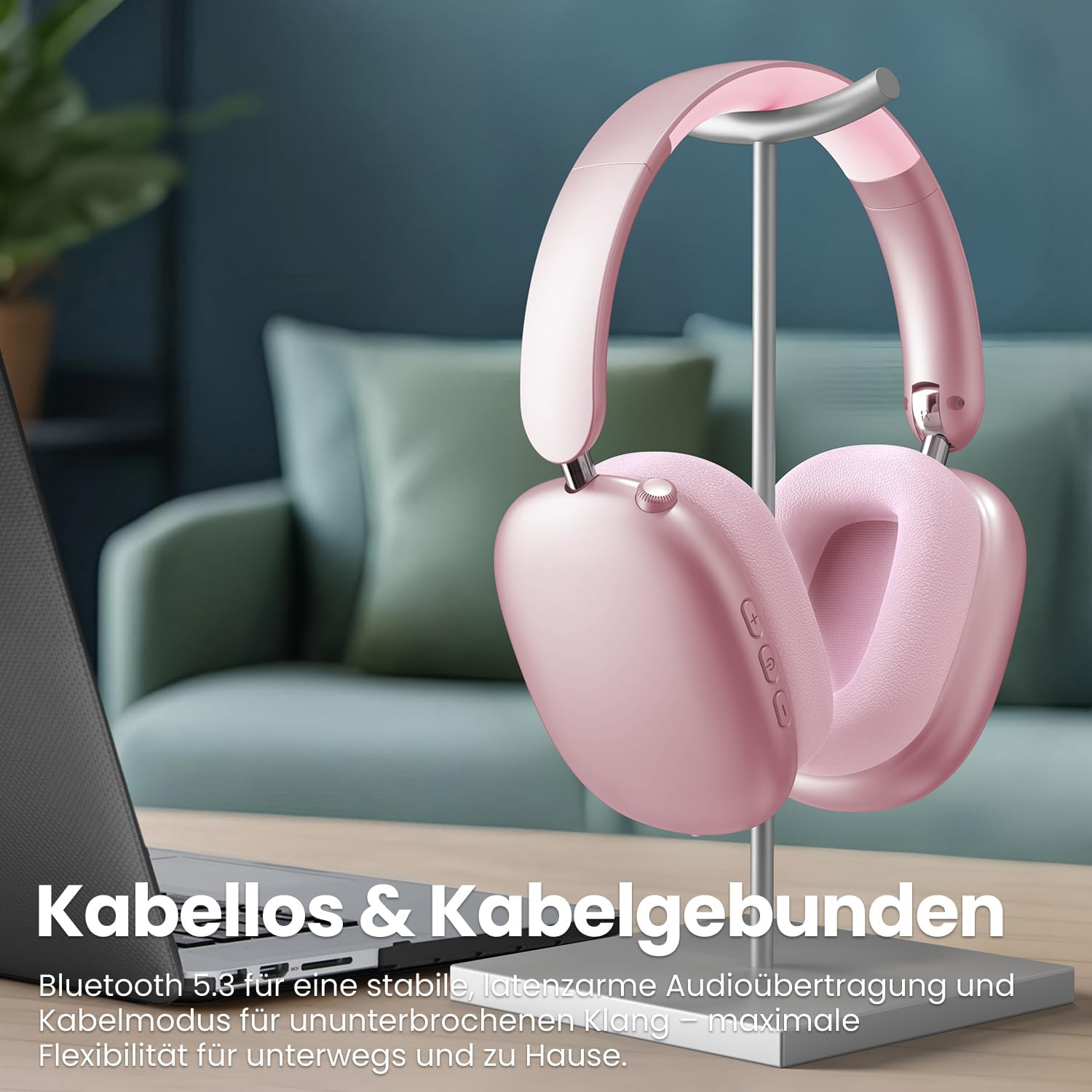 Wentronic Y01 Noise Cancelling Headphones, Wireless Over-Ear Headphones, Bluetooth 5.3, Hi-Res Sound, 48H Playback, Foldable with Microphone for Ios/Android/Pc - Rose image number 4