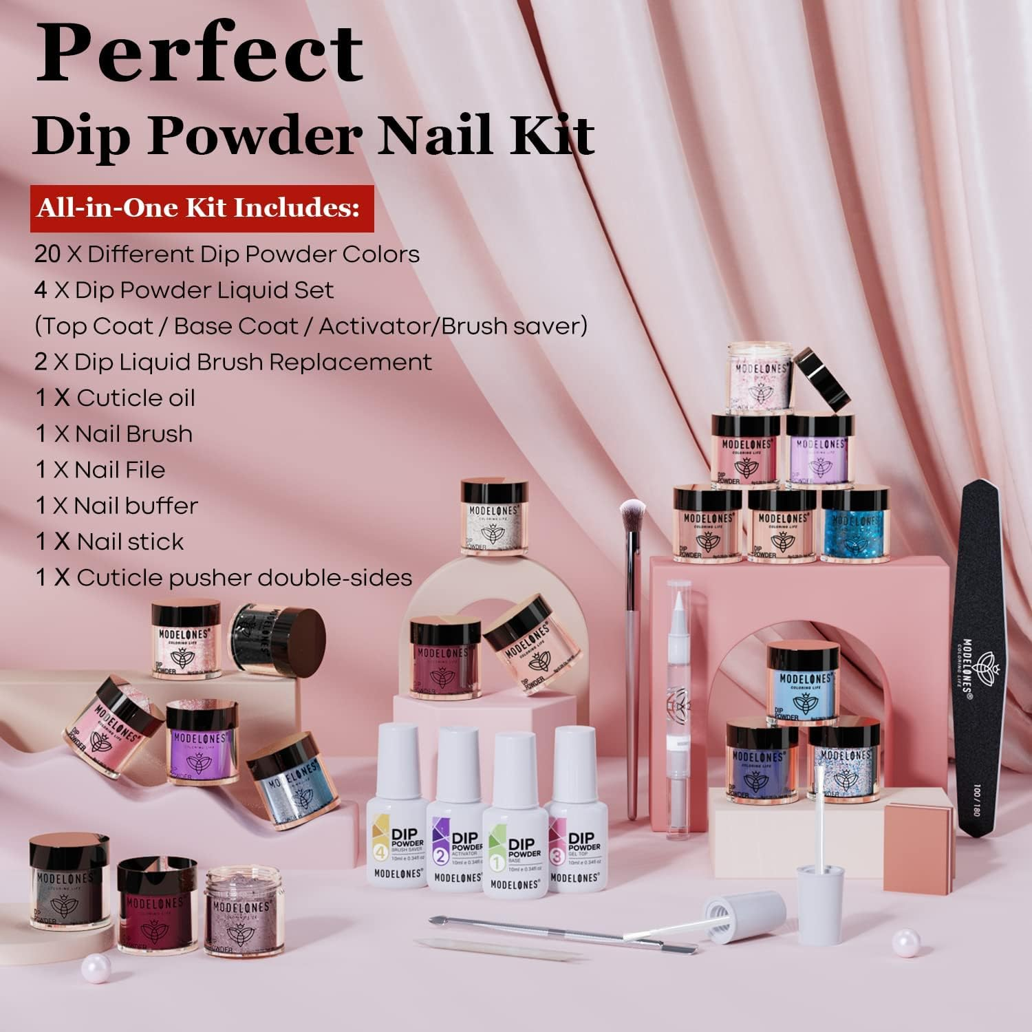 Modelones 32 Pcs Dip Powder Nail Kit Starter, 20 Colors Nude Pink Gray Acrylic Dipping Powder System Essential Liquid Set with Base&Top Coat Activator for French Nail Art Manicure DIY Salon Gift Set image number 2