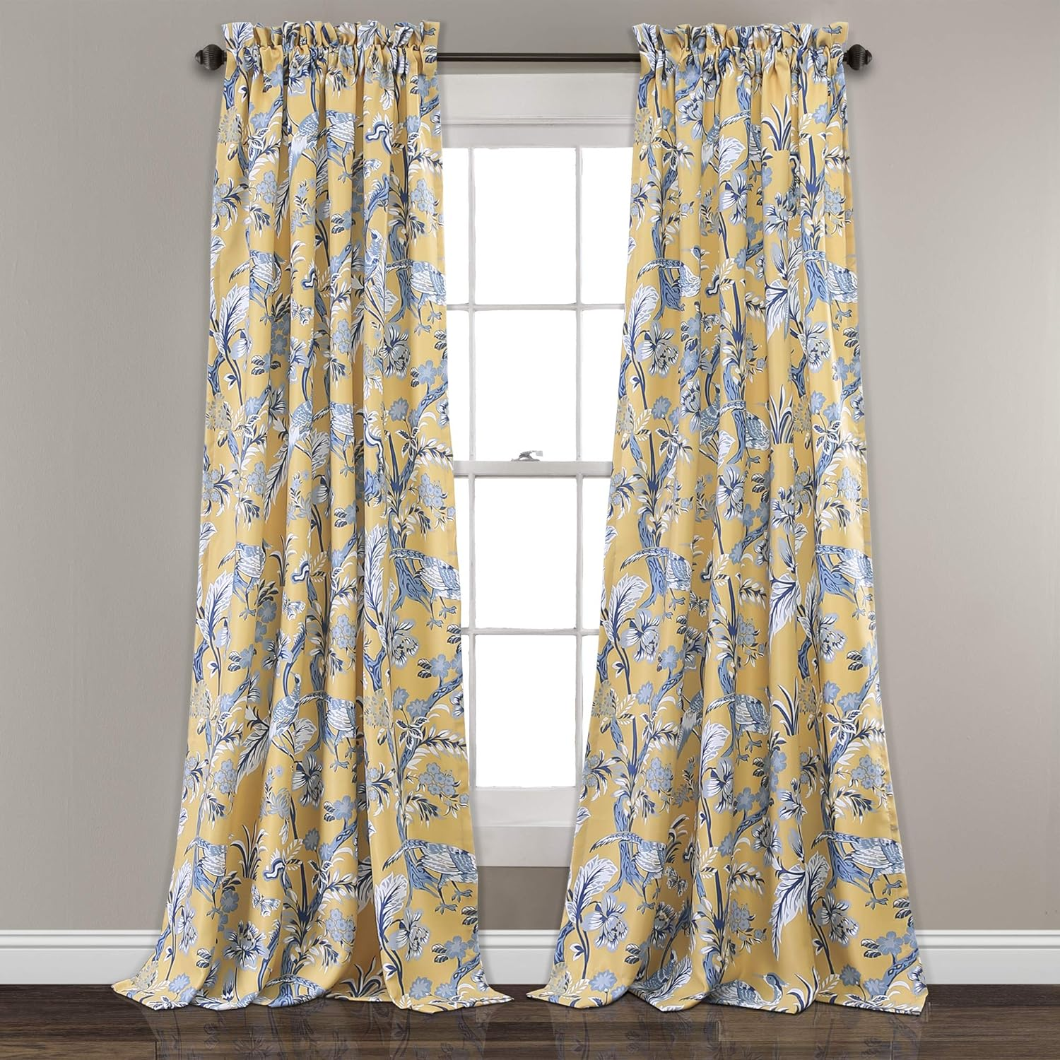 Lush Decor Dolores Valance Bird Floral Print Single Curtain, 18" X 52", Yellow