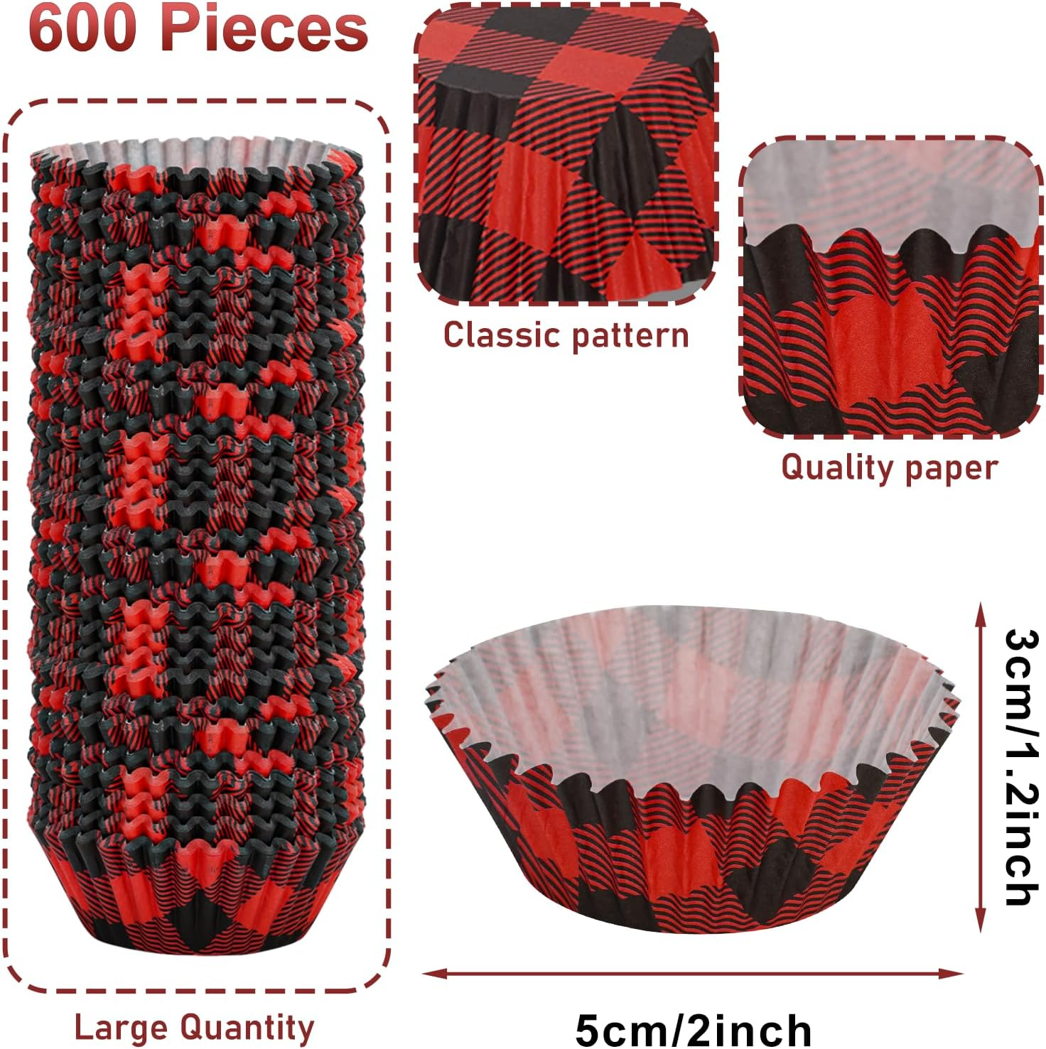 Whaline 600Pcs Cupcake Wrappers 3 Colors Christmas Buffalo Plaid Cupcake Liners Disposable Cupcake Liners Holders Paper Muffin Cups for Baking Home Kitchen Christmas Party Supplies image number 5