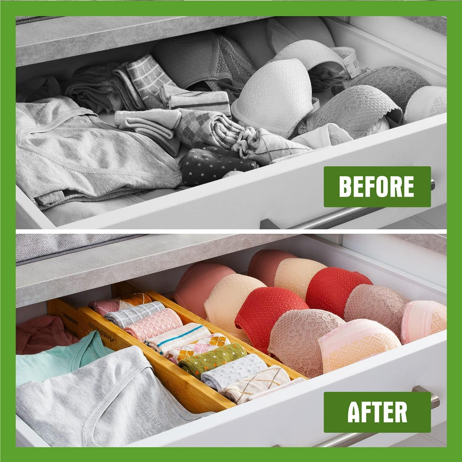 ANTOWIN Bamboo Drawer Dividers(43-56Cm), Expandable Drawer Separators Splitter, Adjustable Spring-Loaded Organizer for Large Utensil, Clothes, Tools Drawers, 10 Pack - White image number 3