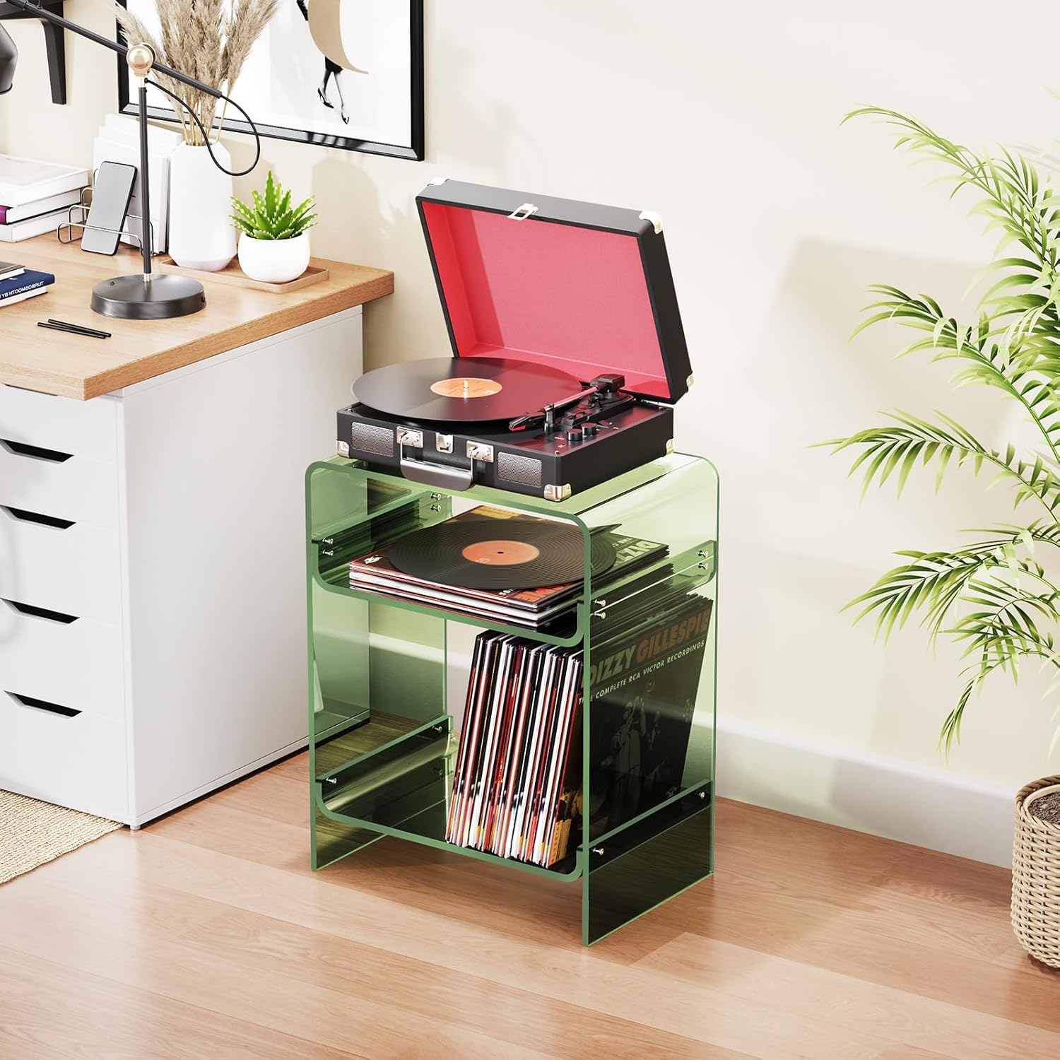 Acrylic Record Player Table with Storage Shelf, Clear Side Table, Nightstand (Green) image number 1