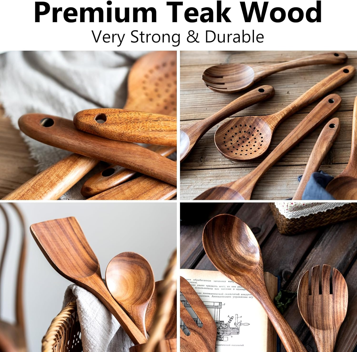 CATZONS 11 Pcs Wooden Cooking Utensils Set - with Holder & Spoon Rest, Smooth Finish Comfort Grip Teak Spatula Set image number 6