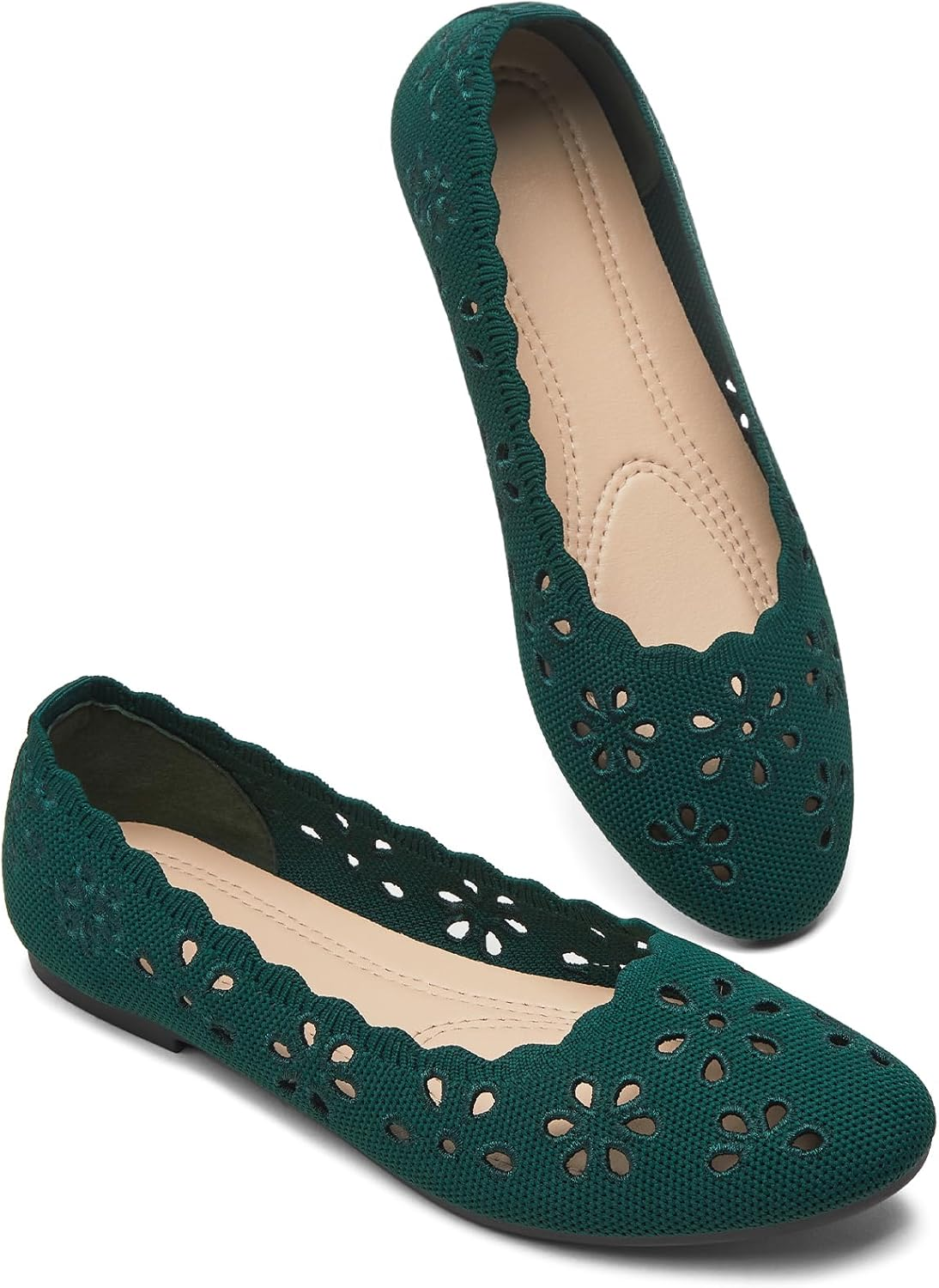 BABUDOG Knit Ballet Flats Shoes for Women,Womens Flats Dressy Comfortable,Women&rsquo;S Dress Shoes with Flower Eyelets,Slip on Casual Walking Flats