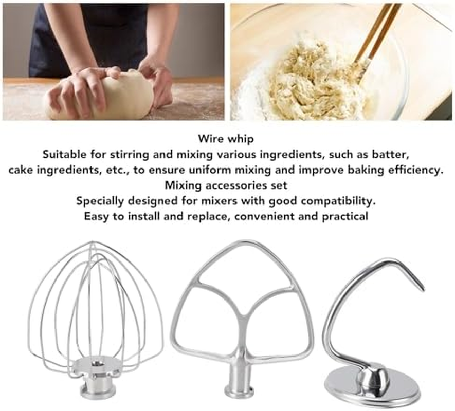 Stand Mixer Attachments 3 Piece Kit, Replace for Kitchen Aid Accessories Wire Whip Dough Hook Coated Flat Blade Paddle, Stainless Steel Tilt Stand Mixer Accessories Kitchen image number 2