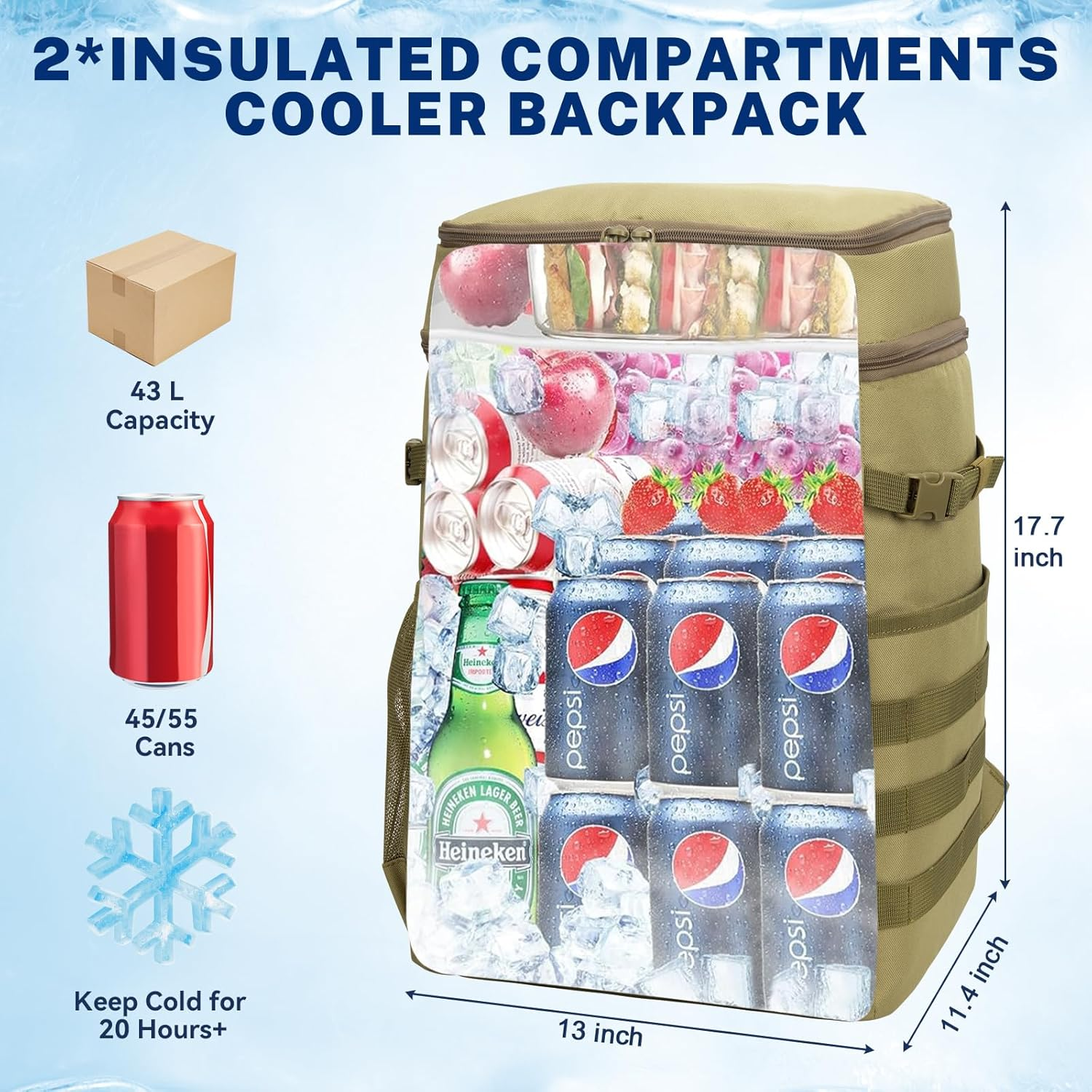 42L Tactical Cooler Backpack, 45/55 Cans Backpack Cooler Insulated Leak Proof, 2 Insulated Department Portable Soft Lunch Cooler Bag, Ice Chest Backpack for Hiking, Camping, Beach, Picnic image number 4
