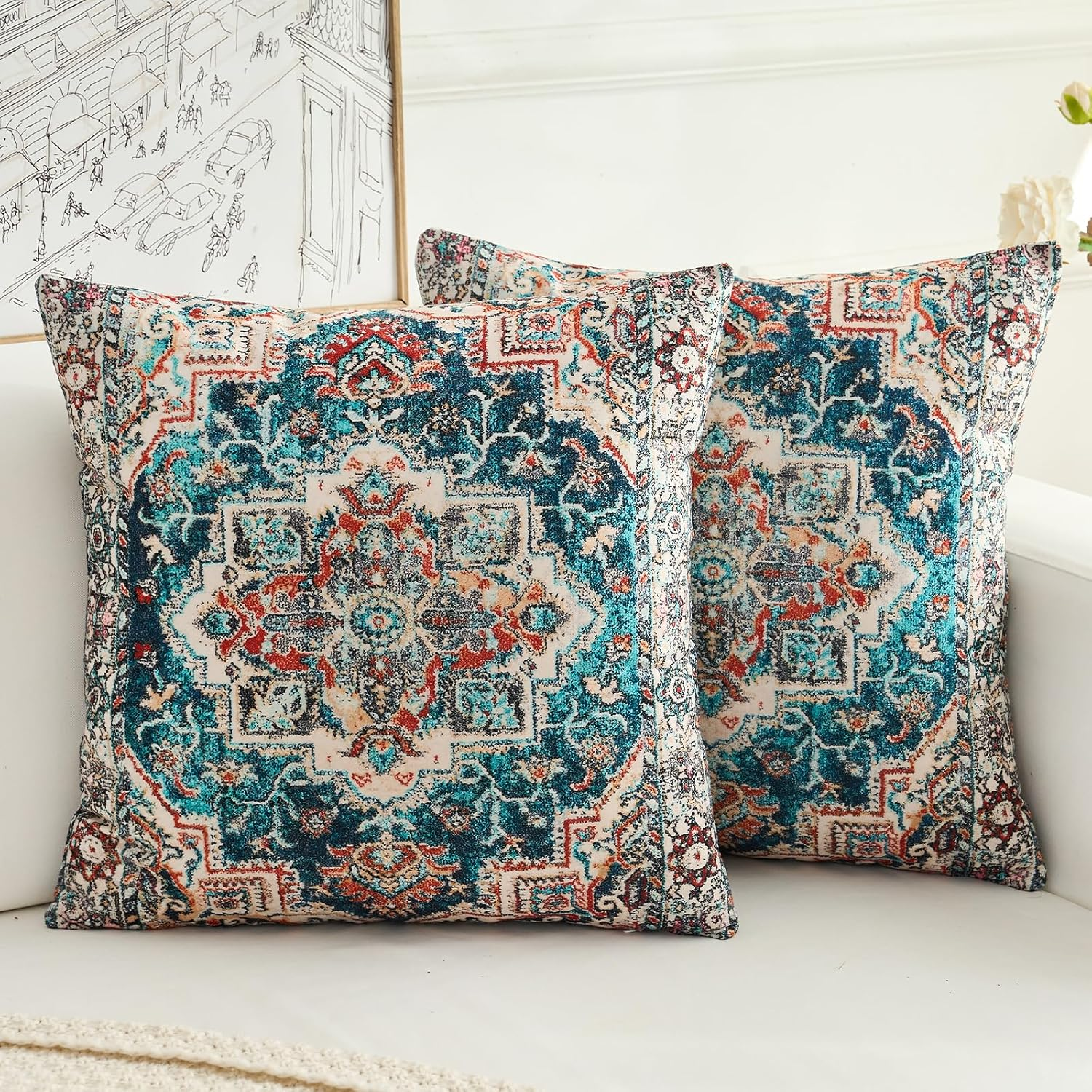 EDTOY Boho Throw Pillow Covers 16X16 Inch Set of 2,Boho Vintage Carpet Pattern Antique Ethnic Decor Double Sided Pattern Cushion Cover Soft Pillow Case Living Sofa Room Bed Square Pillow Cover