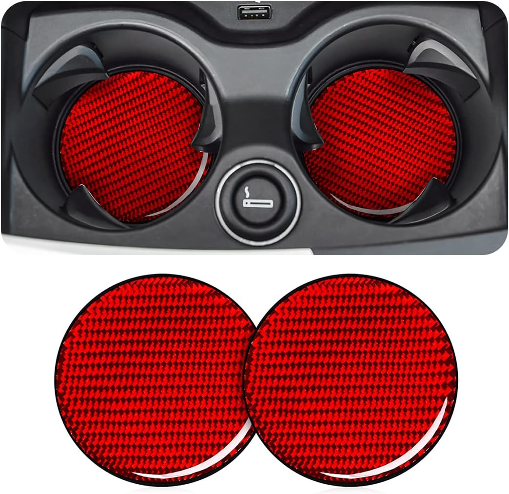 AUCELI 2 PCS Car Cup Holders, 2.75 Inch Carbon Fiber Coasters, Non-Slip Bottle Pad Embedded in Cup Mat, Durable Insert Drink Coaster, Universal Vehicle Interior Accessories (Red/Stylea)