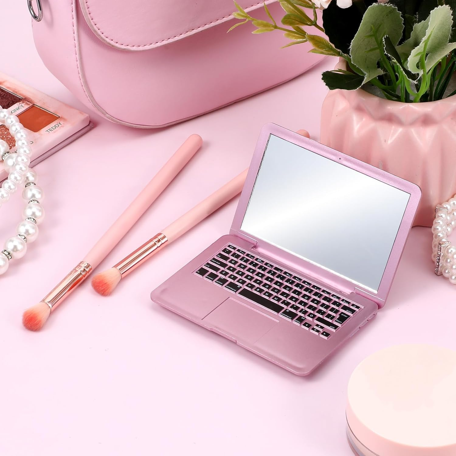 Psyqtsuary Mini Laptop Mirror, 1 Pcs Pocket Size Laptop Shaped Mini Makeup Mirror Portable Small Compact Folding Computer Mirror for Dollhouse Pet Travel Home Makeup Decorations (Rose Gold) - Silver image number 4