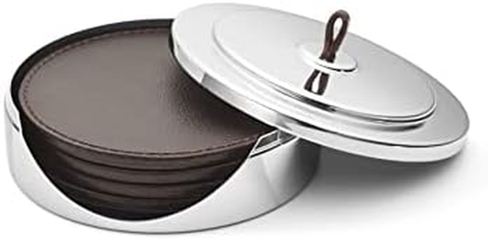 Georg Jensen Manhattan Drink Coaster Set in Dark Leather - Mirror Polished Stainless Steel Case with Handle image number 1