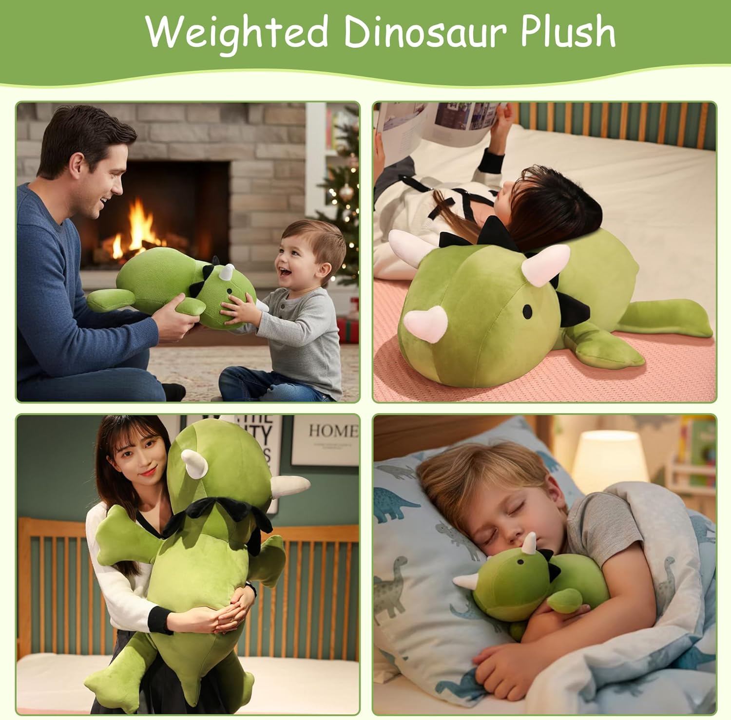 SQEQE Weighted Dinosaur Plush, Anxiety Stuffed Animals, Dinosaur Plushie Weighted Dino Throw Pillows for Kids Adults Green 13.8 Inch, 1.6 Lbs image number 2