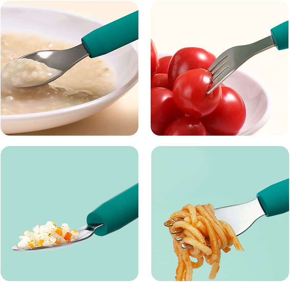 SFCCMM Baby Forks and Spoons Set Baby Training Utensils Self Feeding Toddler Silverware Silicone and Stainless Steel Kids and Toddler Utensil (Green Dinosaur - Long) - Pink Dinosaur - Long image number 6