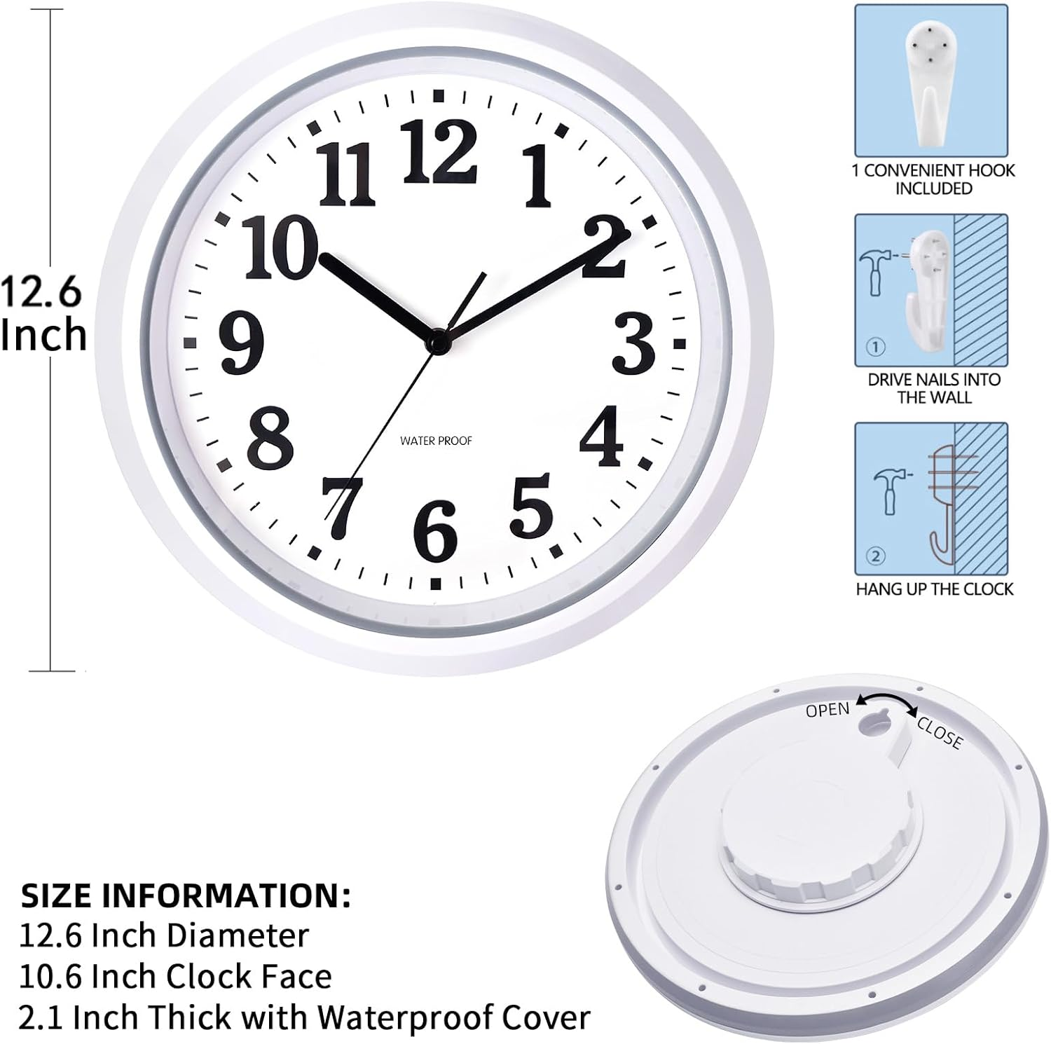 Guten 12 Inch Sealed Indoor Outdoor Waterproof Wall Clock, Dustproof Silent Non Ticking, Quality Battery Operated Quartz White Clock for Kitchen/Bathroom/Shower/Pool/Patio/Outdoors image number 2