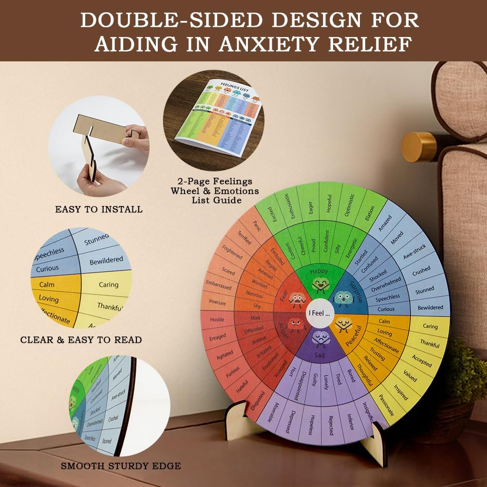 Feelings Wheel Therapy Office Desk Decor Emotions Double Sided Mental Health Office Desk Decor with 2 Page Emotions Card for School Counselor, Counseling Therapist, Therapy Office D&eacute;cor