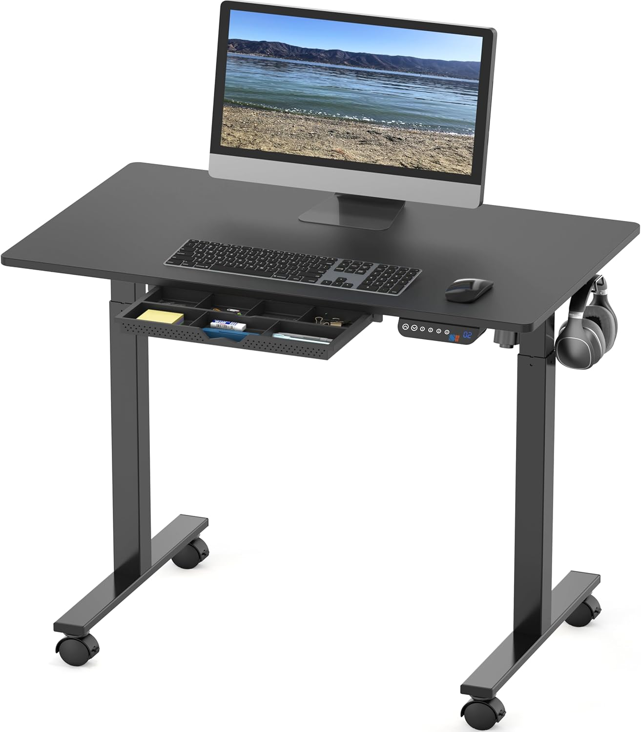 SHW 100 X 60 Cm Mobile Electric Standing Desk, Height Adjustable with Drawer, Hanging Hooks and Cable Management, White