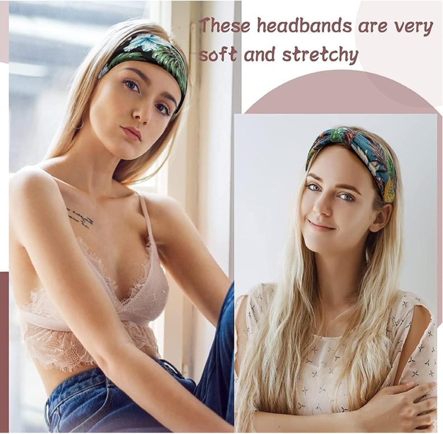 6 Pieces Headbands for Women, Wide Boho Headscarves, Non-Slip Bandanas, Hair Bands, Elastic Hair Accessories, Knotted Turbans Head Wrap Adults (14 Multicolours) image number 5