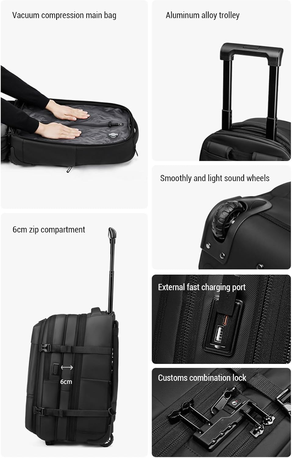 60L Large Travel Backpack with Wheels, Three-Layer Partition Design Vacuum Compression Backpack with 17 Inch Laptop Compartment & Air Pump for Men Women Adults image number 3