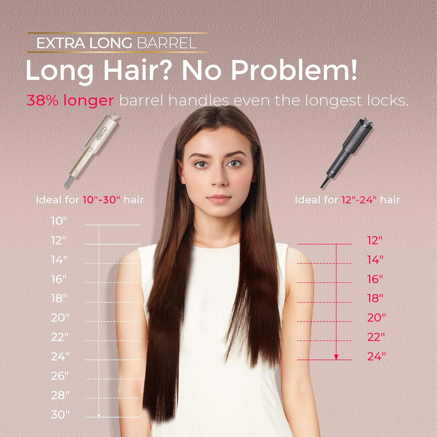 TYMO Curlpro plus Curling Iron Curling Tong Hair Curler, Automatic Rotating, Long Barrel, Ceramic, 600M Ionic, Dual Voltage, for Long Hair, Anti-Scald, Tangle-Free, Upgraded, for Women, Gold, 25 Mm image number 2