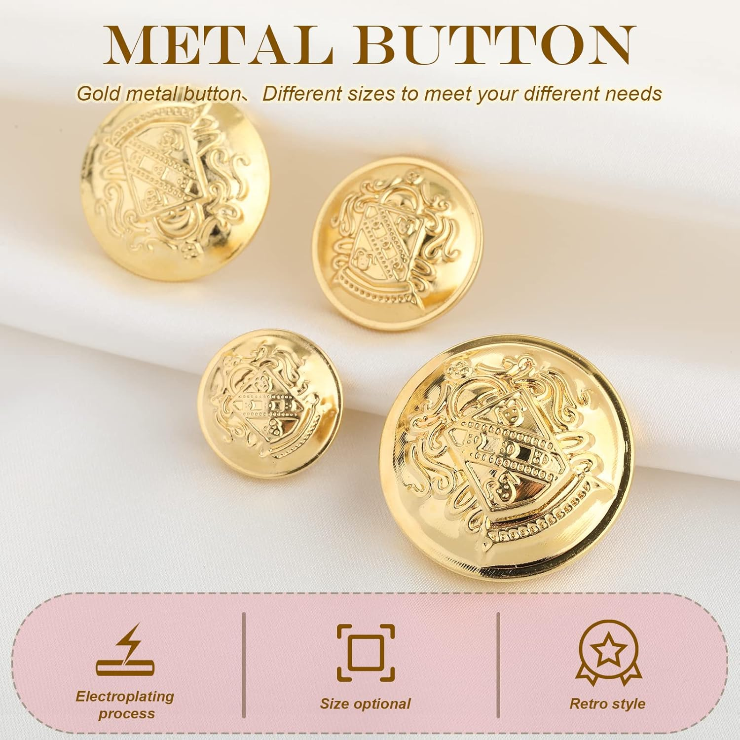 40 Pcs Metal Blazer Button Set - Vintage Gold Sewing Buttons with Emblem Shank for Suits, Sport Coat, Uniform Jacket - Brass 15Mm 18Mm 21Mm 25Mm image number 2