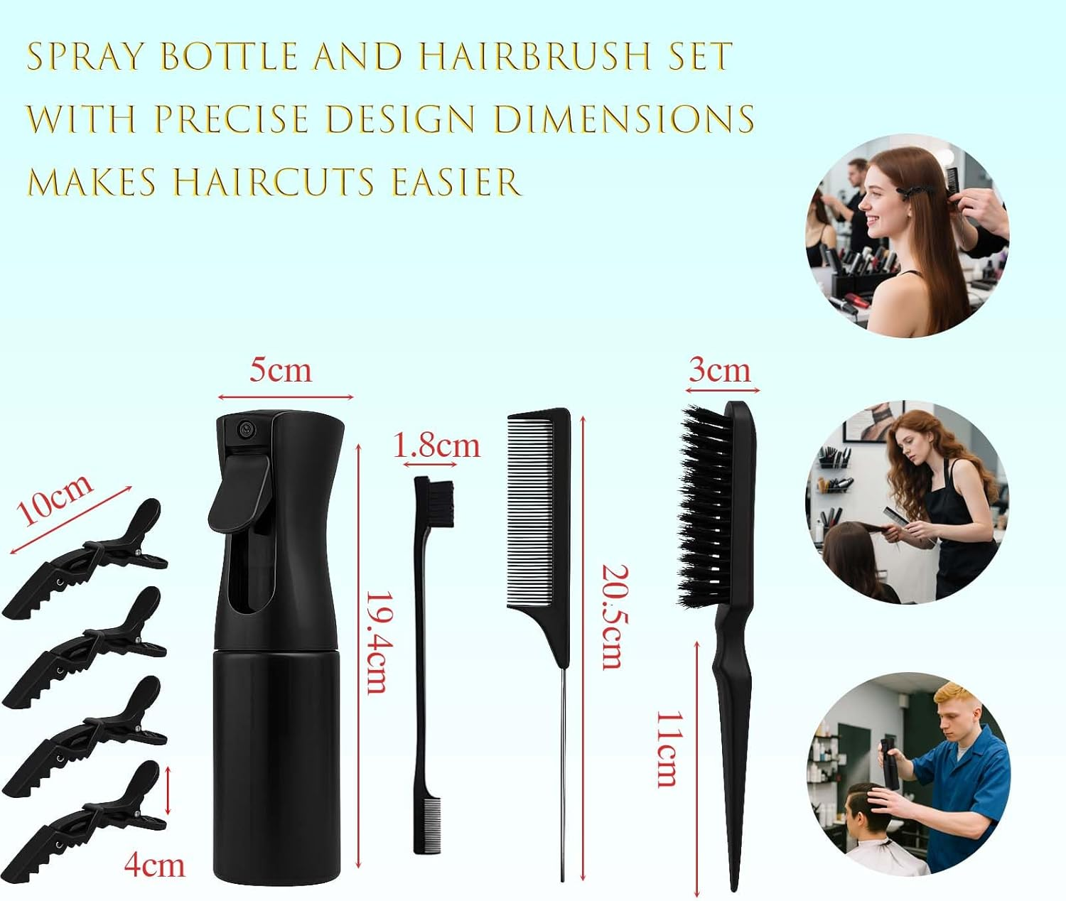 8PCS Hair Brush with Hair Spray Bottle, Hair Styling Comb, Detangle Brush for Natural, Afro British Type 3A-4C, Slick Brushs Set (Black)
