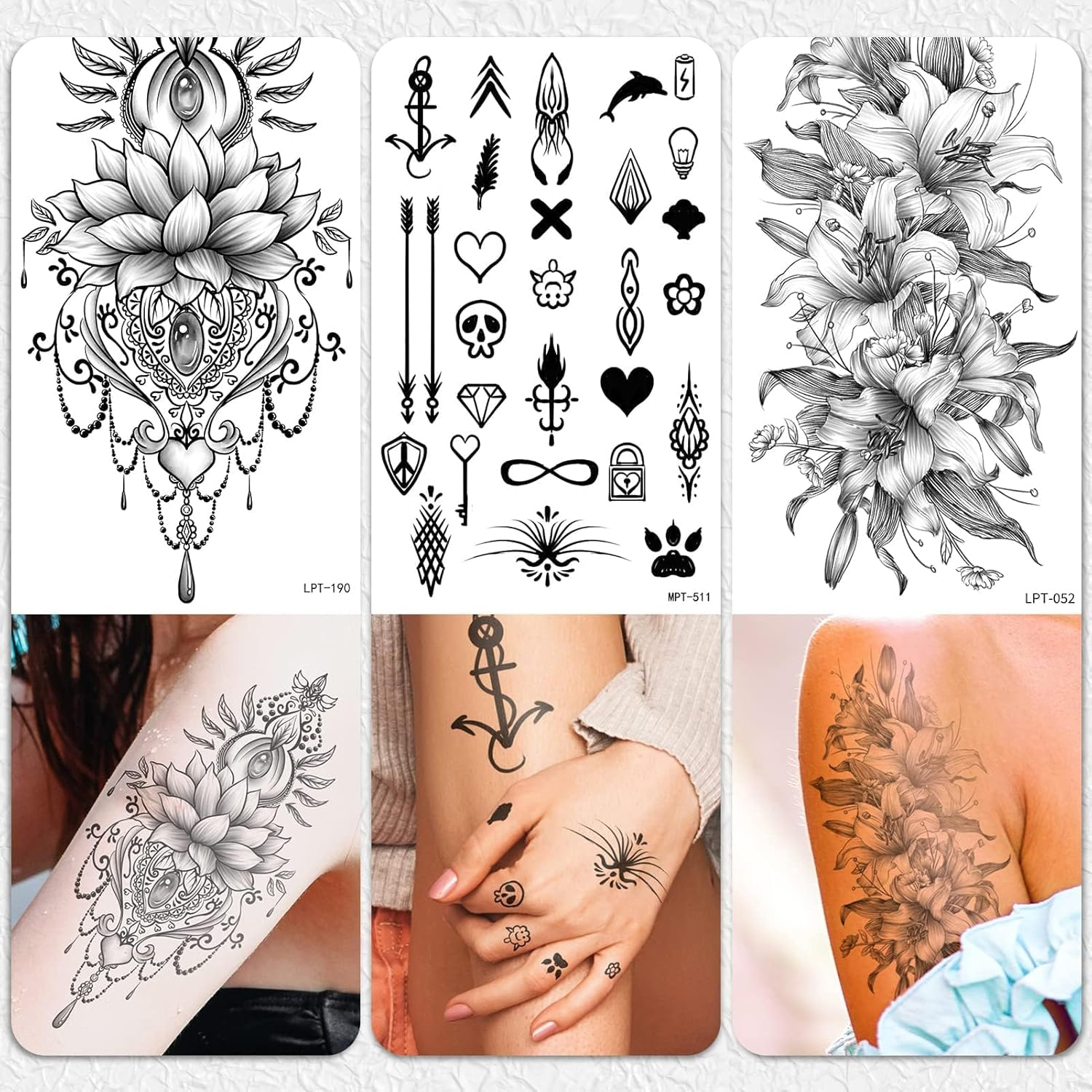 EMOME 400+ Styles Realistic Temporary Tattoos for Women, Long Lasting Semi Permanent Tattoo, Large Flowers Rose Tattoos Stickers and Fake Tattoos for Adults Girls Arm Neck Face(79 Sheets) image number 5