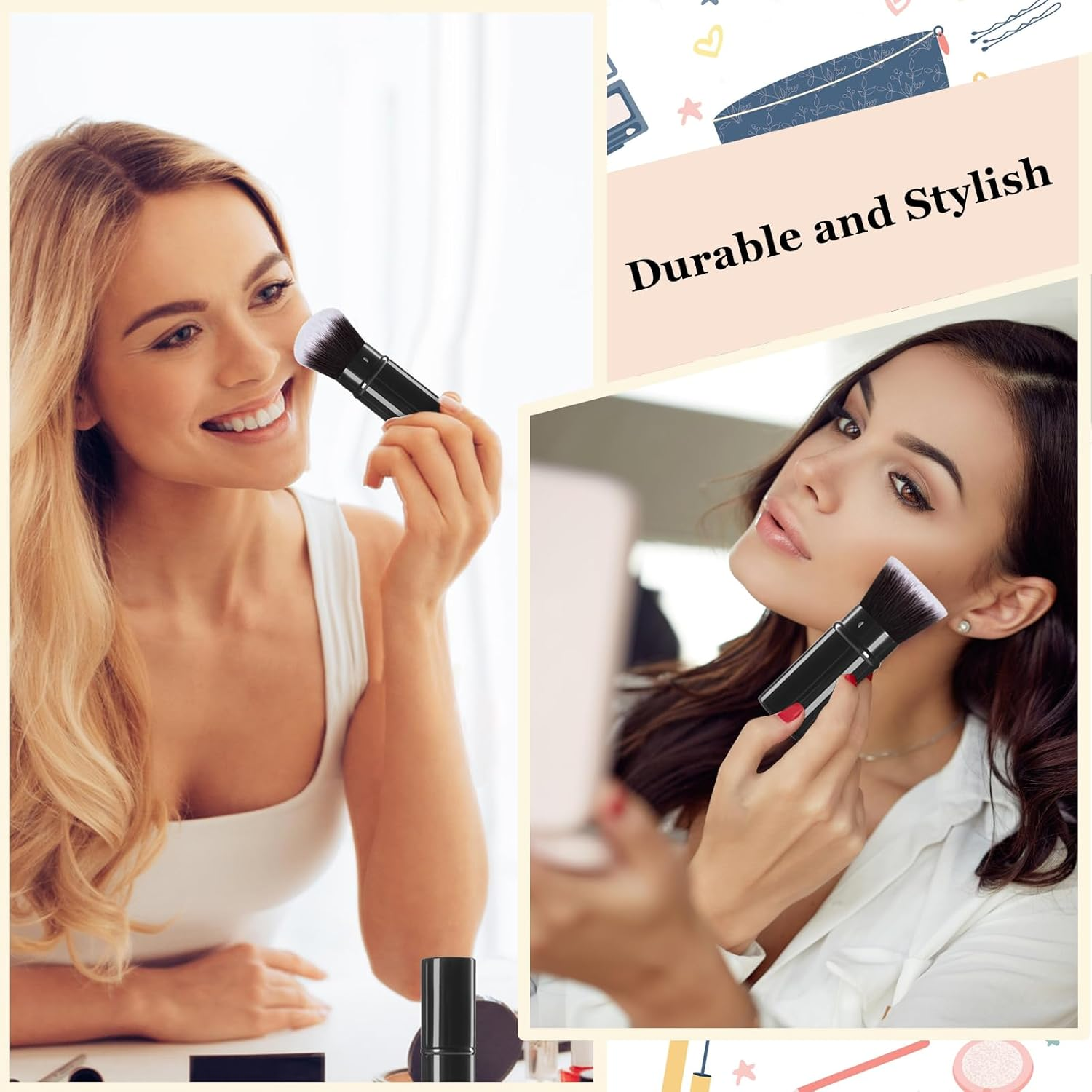 Keriloo Retractable Makeup Brush 2 Pack, Travel Kabuki Powder Foundation Makeup Brush Face Blush Brushes for Blending Liquid, Blush, Bronzer, Buffing, Sunscreen,Flawless Cosmetics