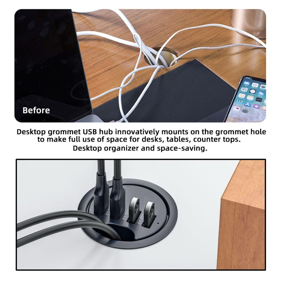 Chenyang USB 3.0 Flush Mount Desktop HUB,2 USB 3.0 Port/1 USB C Port HUB Grommet Hole 2.36"(60Mm) with SD/TF Card Reader Port