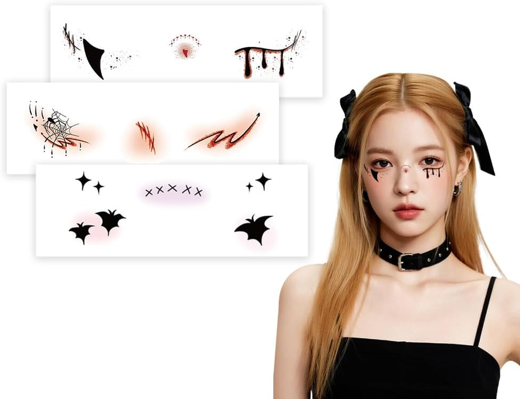 Halloween Face Makeup Stickers Bloody Spider Web Bat Temporary Tattoos for Women Face Eye Shadow Stickers for Girls Halloween Masquerade Costumes Cosplay Party Decorations 3PCS image number 2