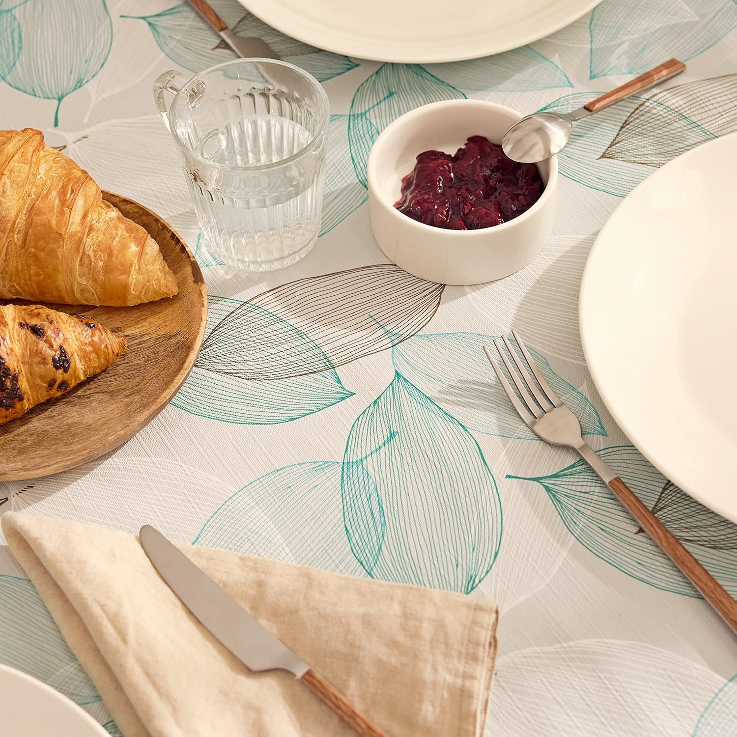 KP HOME Modern PVC Table Cloth Wipe Clean Tablecloth Grey and Teal Leaves Pattern Plastic Table Cover - Wipeable Table Cloth Rectangle PVC Table Cloth 200 X 140 Cm Botanic Leaf Design Ocean Blue image number 5