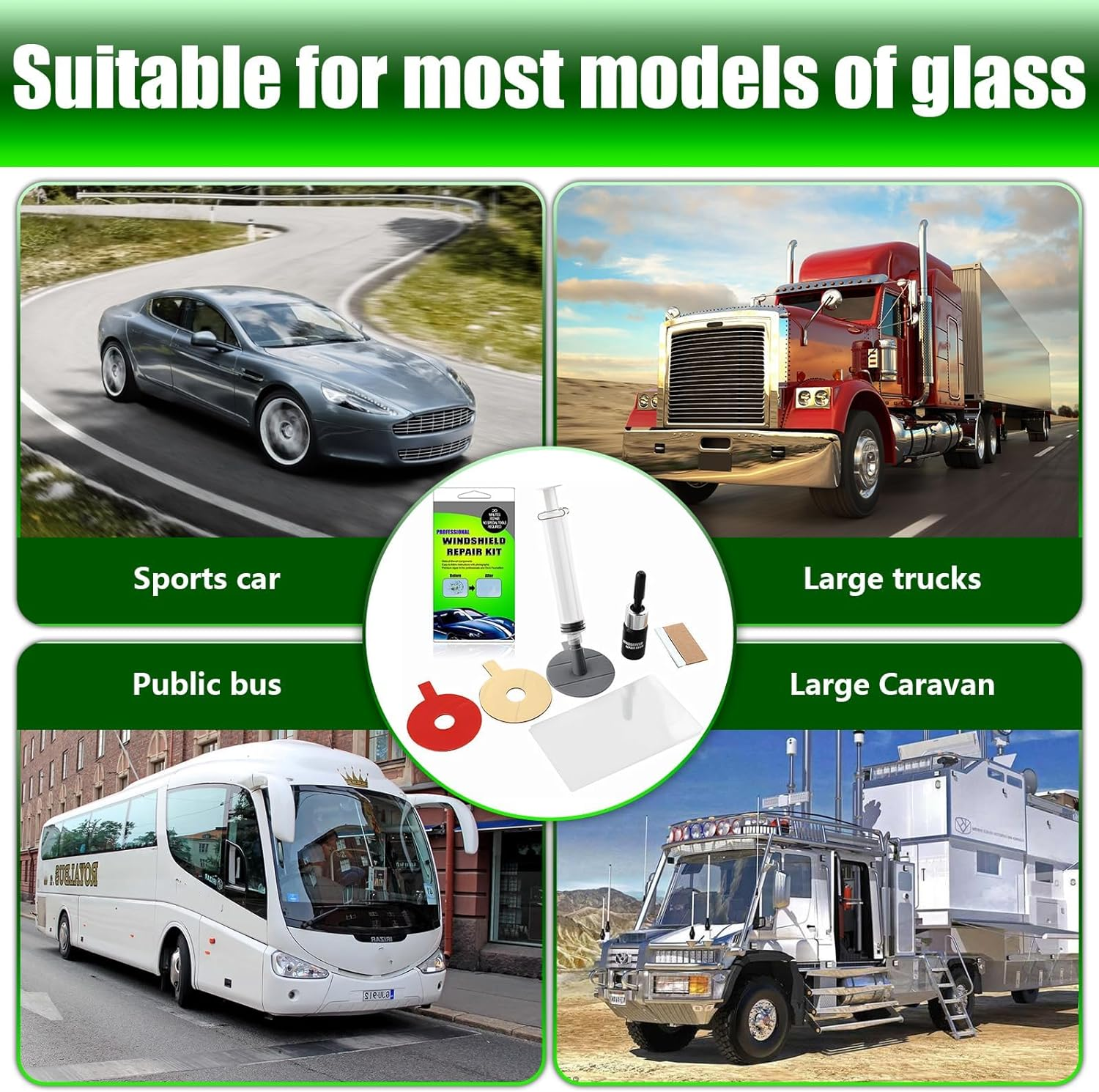 Windshield Crack Repair Kit, for Bulls-Eyes, Half-Moon, Cobweb, Star and Long Line Cracks - DIY Glass Repair Tool Kit with Resin, Syringe, Curing Films image number 1