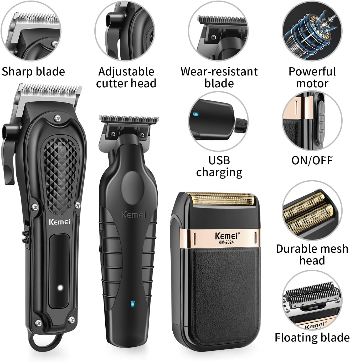 KEMEI Professional Hair Clippers for Men, Cordless Barber Clipper T-Blade Beard Trimmer Foil Shaver Set, Rechargeable Electric Fade Clipper Hair Cutting Kit, KM-1071, KM-2299, KM-2024 image number 5