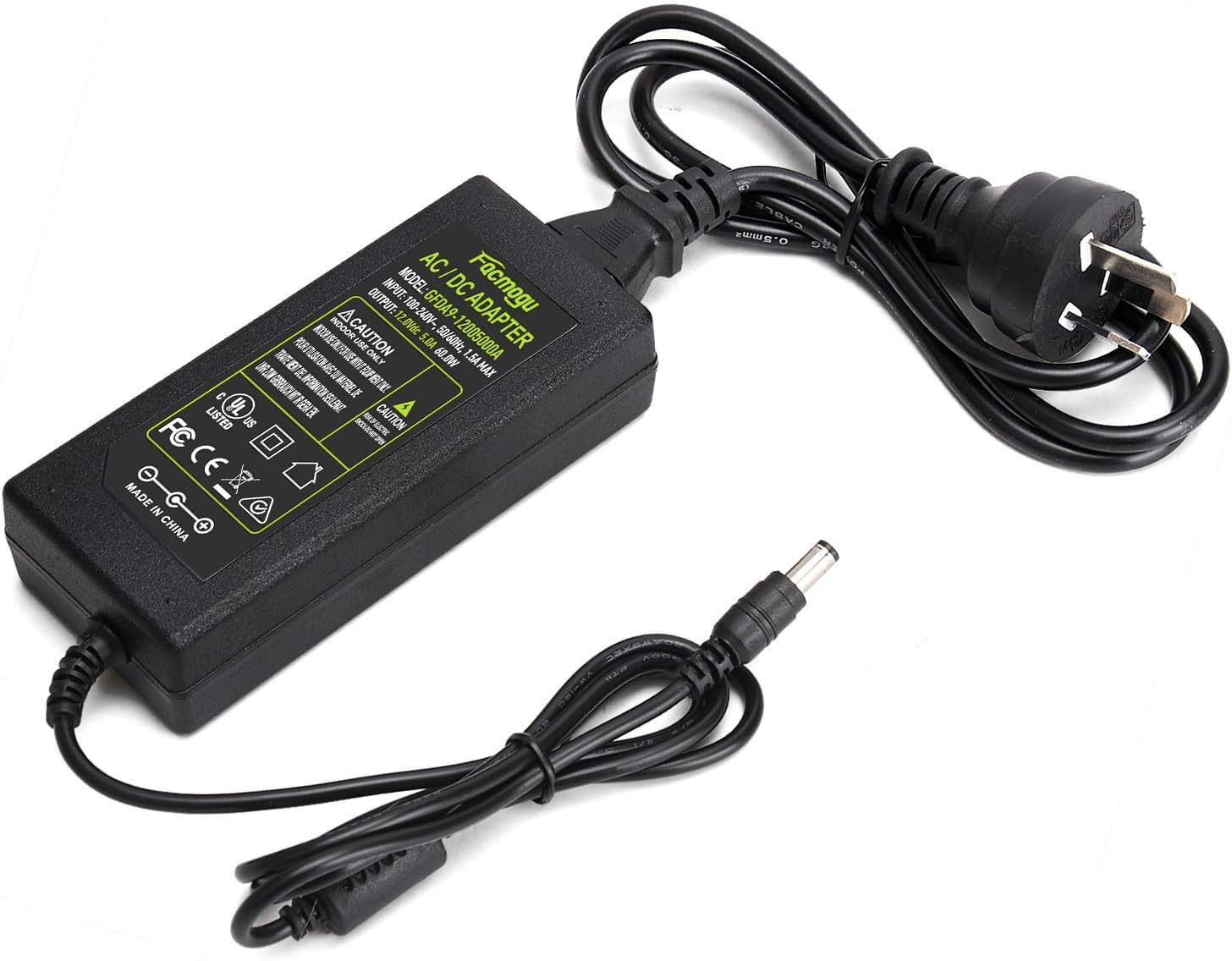 Facmogu AC to DC 12V Power Adapter, AC 100V-240V to DC 12V 5A 60W Power Supply, AU Plug 5.5X2.5Mm & 5.5X2.1Mm, 2.1M/ 6.9Ft Long Cable Switching Transformer Converter for LED Strip Light Cameras CCTV image number 5