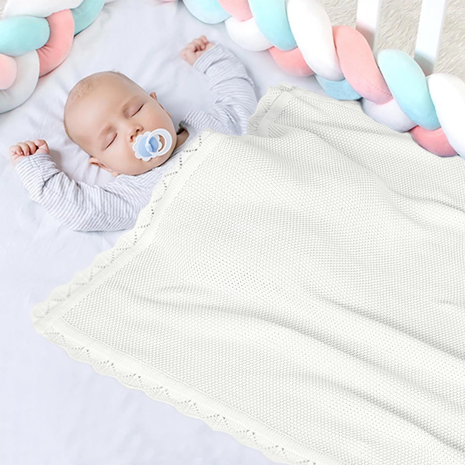 100% Cotton Baby Blanket Knit Lace Soft Warm Toddler Blanket,30 X 40 Inches，White - Green image number 3