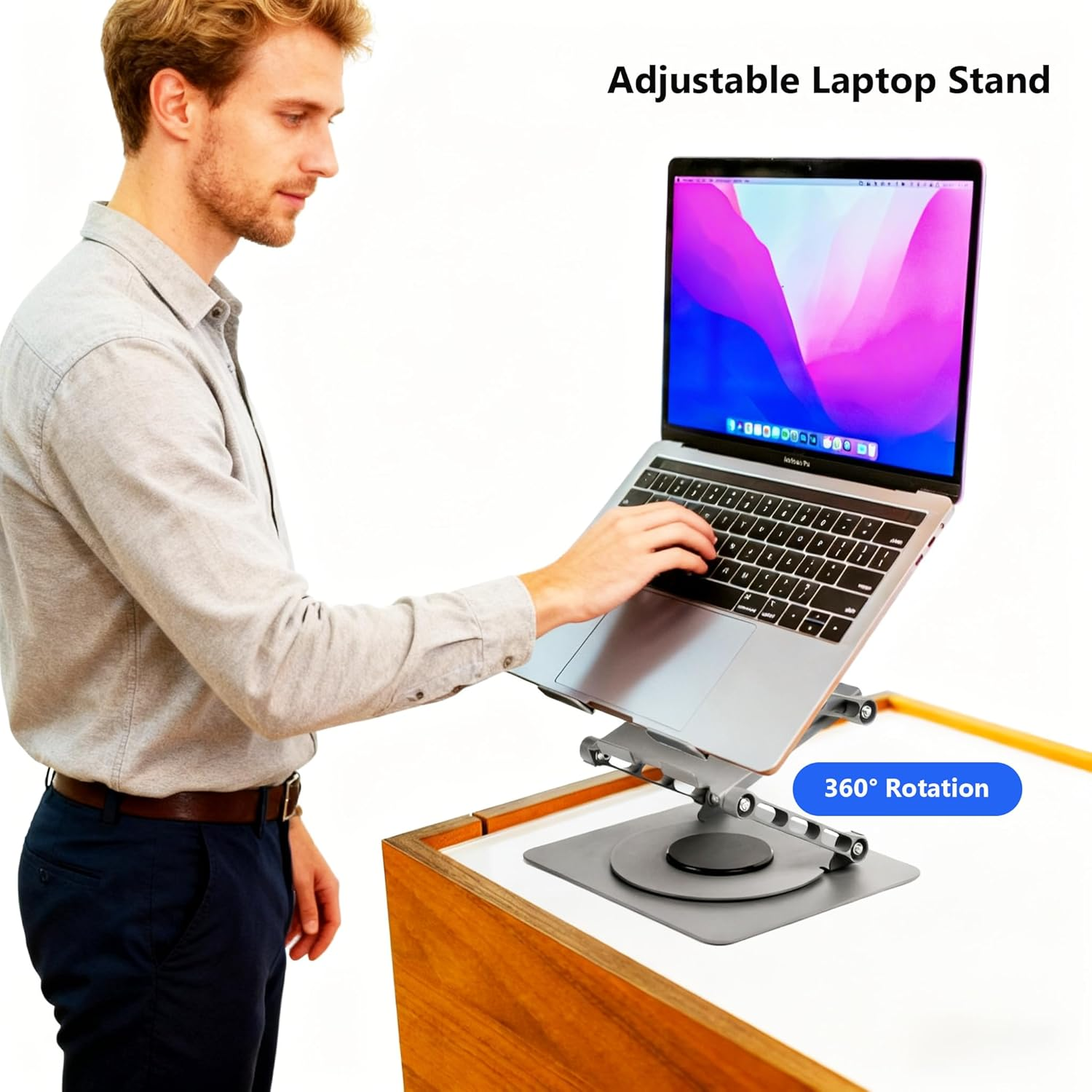 ALUCKKEY Laptop Stand for Desk, 360&deg; Swivel Base Foldable Laptop Riser and Phone Holder for up to 17.3 Inch Laptops Tablet, Pad, Good Posture Riser Compatible with Air, Pro, Dell, HP, Lenovo, Silver image number 1