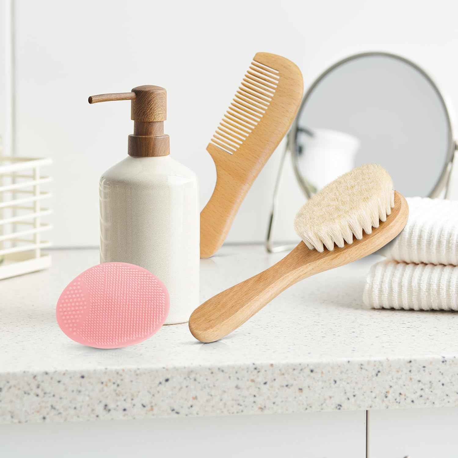 3PCS Baby Hair Brush with Wooden Handle and Comb Set for Newborns & Toddlers | Natural Soft Goat Bristles L Wood Comb L Pink Silicone Brush| Ideal for Cradle Cap image number 5