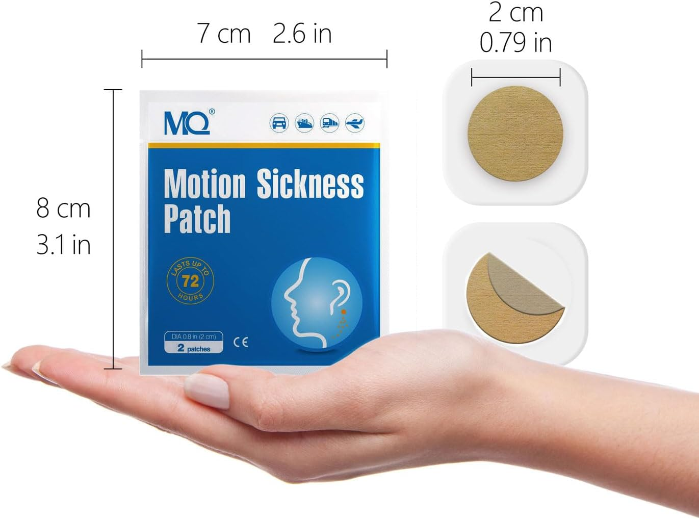 MQ 14Ct Motion Sickness Patch for Car and Boat Rides, Cruise and Airplane Trips - Relieves Nausea, Dizziness & Vomiting from Seasickness, Fast Acting and No Side Effects image number 1