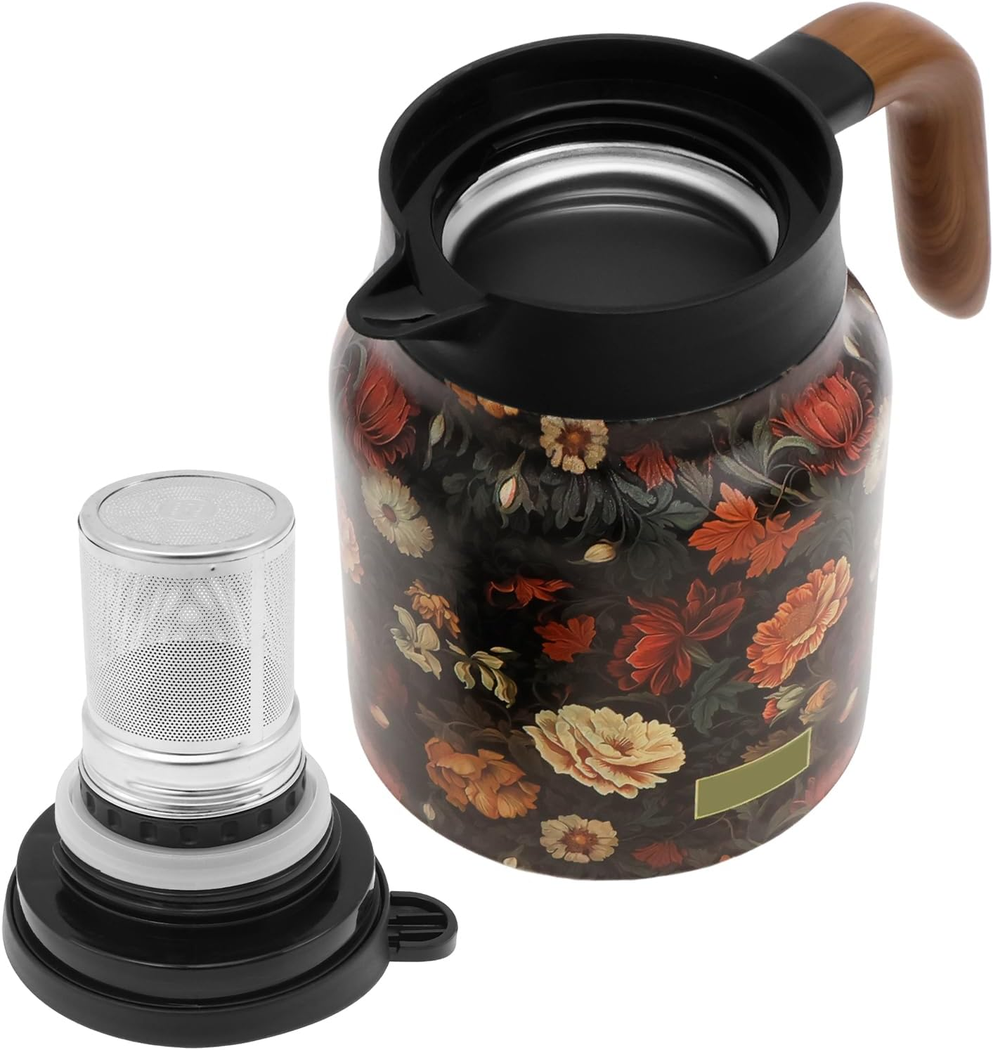 Thermal Tea Pot with Handle and Built in Infuser Stainless Steel Insulated Tea Kettle Flower Pattern Insulated Infuser Pot Practical Thermal Carafe for Home Office Zjmcajy(Beige)