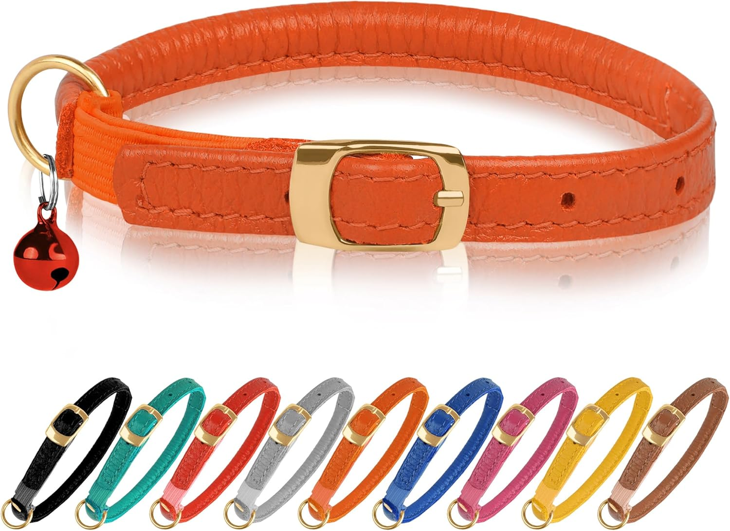 Murom Rolled Leather Cat Collar with Elastic Strap Safety Adjustable Pet Collars for Cats Kitten Yellow Red Pink Blue Orange Brown Gray (Orange) image number 5