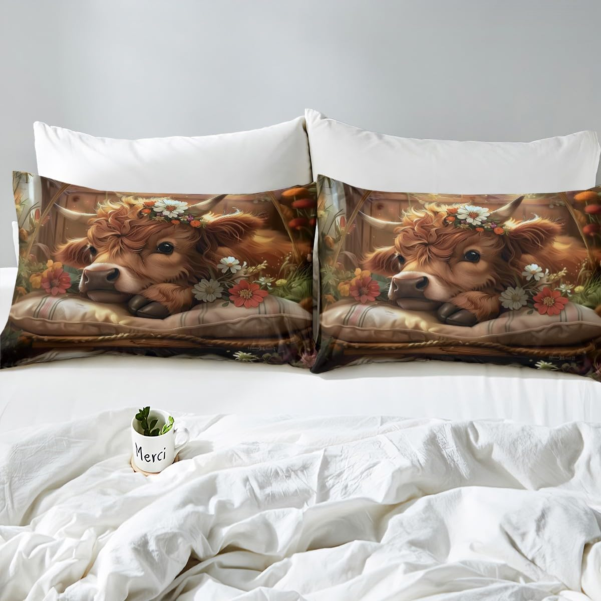Homewish Cute Highland Cow Duvet Cover for Children Funny Cow Calf Bedding Set 135 X 200 Cm Western Farm Animal with Daisy Flowers Comforter Cover with 1 Pillowcase Bed Set image number 2