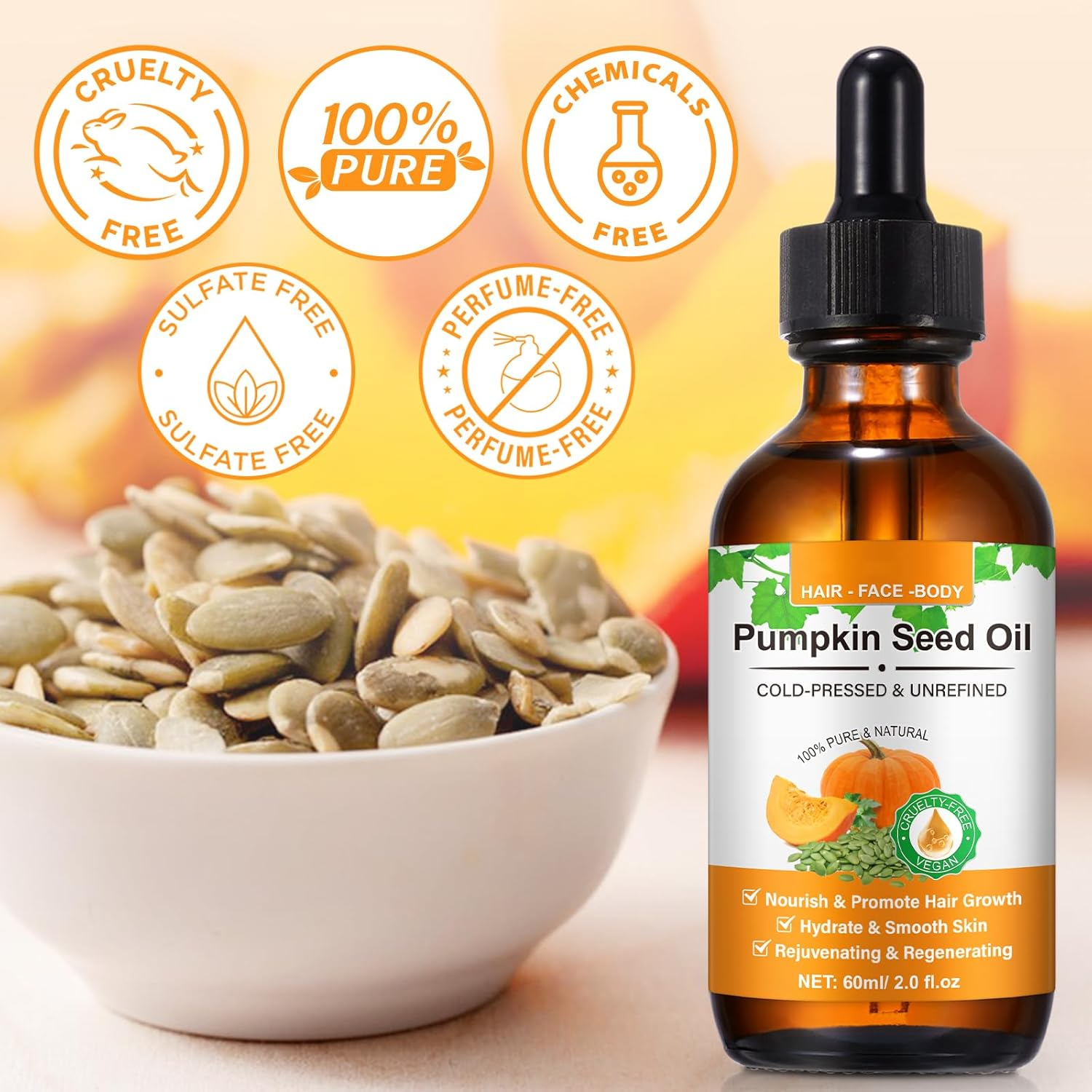 Pumpkin Seed Oil for Hair Growth, Organic Pumpkin Seed Oil, 100% Pure, Moisturizing Scalp, for All Hair Types, 2.0 Fl Oz