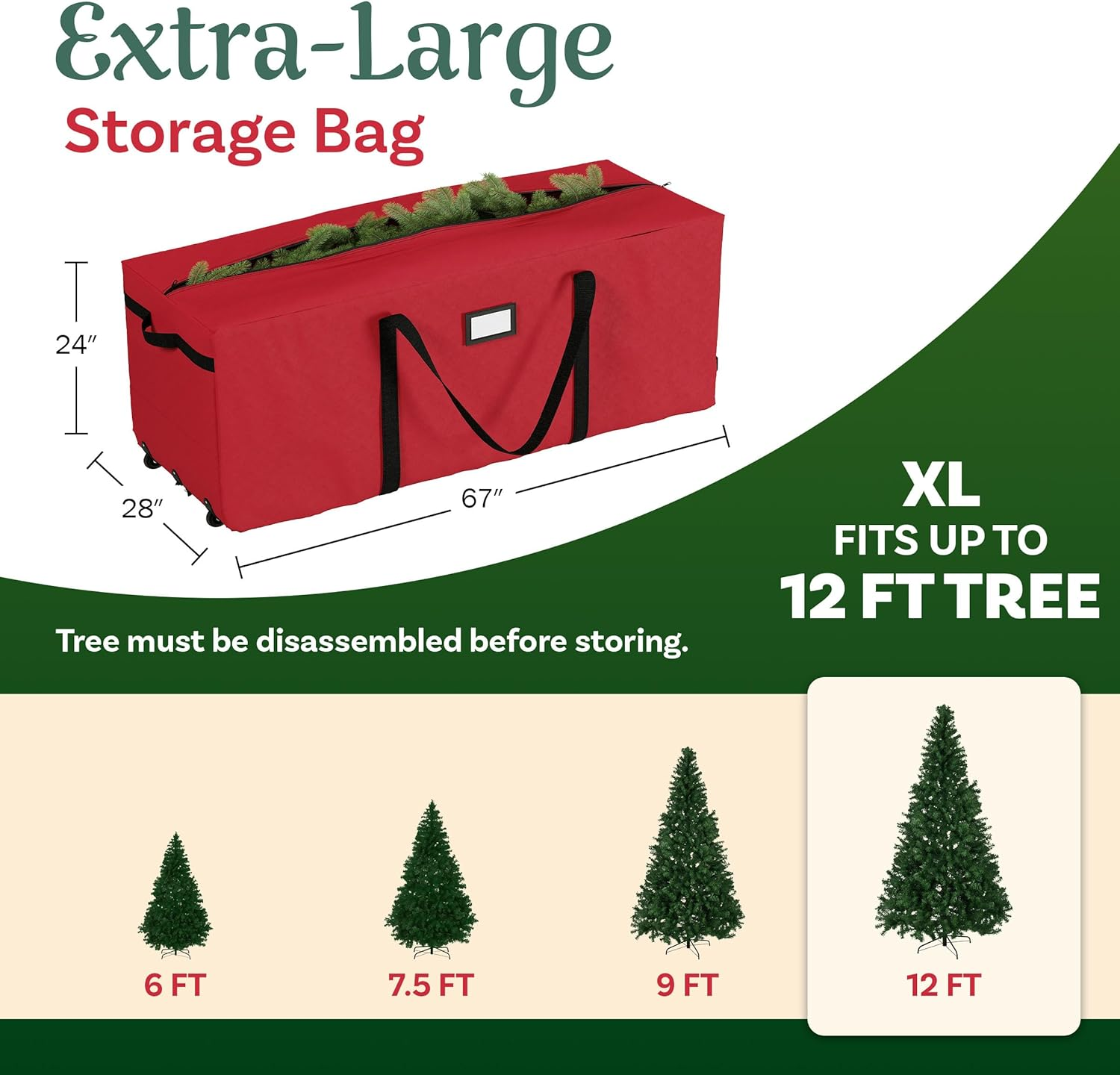 Rolling Christmas Tree Storage Bag- for 12 FT Artificial Trees- Red Canvas Duffel with Wheels-Protects Holiday Decorations & Inflatables by Elf Stor image number 4
