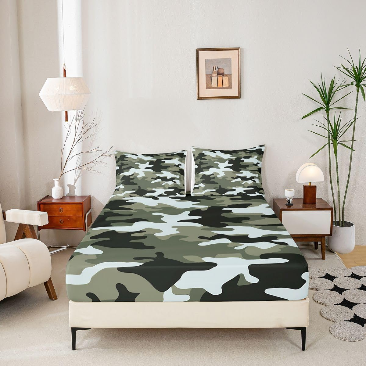 Boys Cartoon Camo Bed Sheet Queen Size Army Green Camouflage Bedding Set 4Pcs for Kids Men Youth Bedroom Decor Soldier Lover Deep Pocket Fitted Sheet Green Abstract Top Flat Sheet,2 Pillowcases image number 5