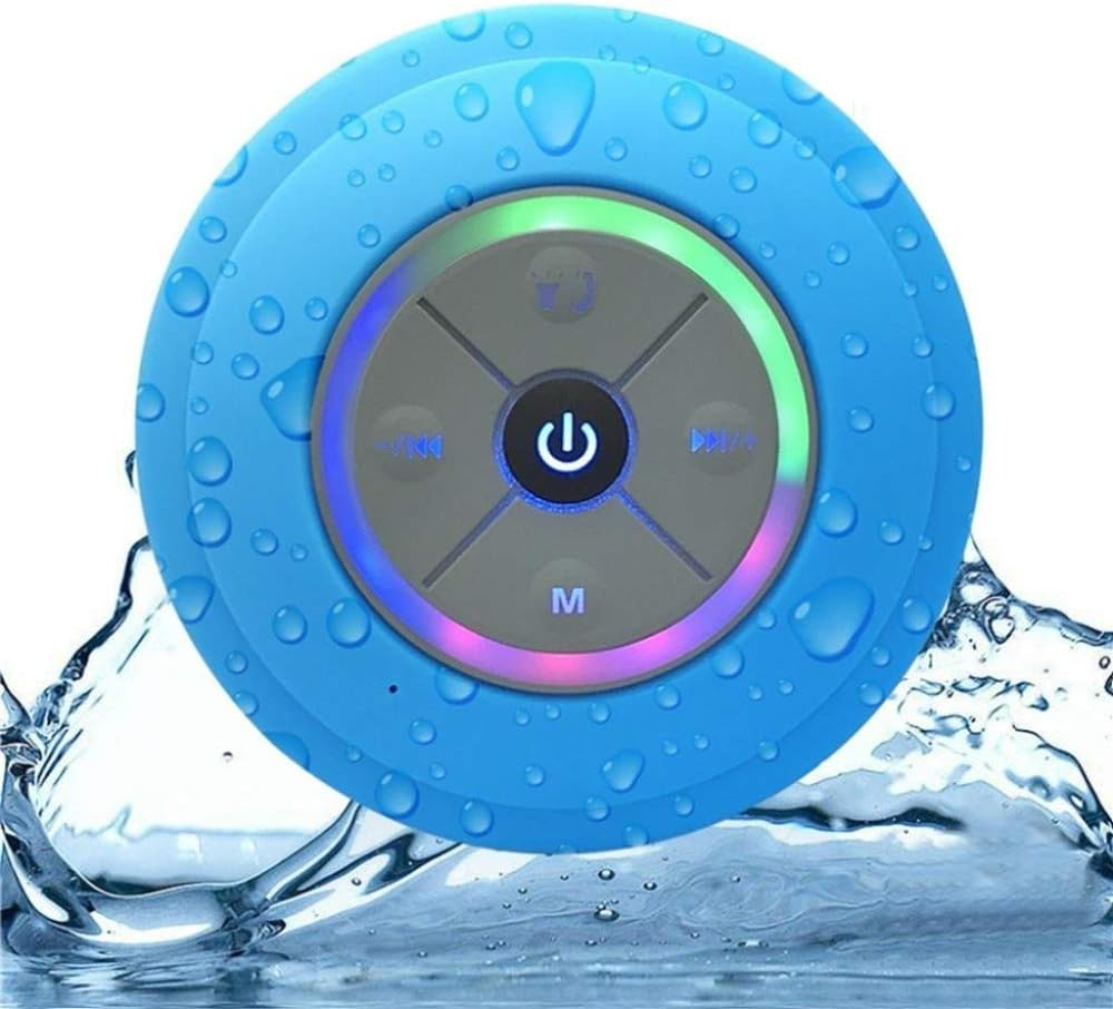 JUSTOP Rainbow LED Bluetooth Shower Speaker with FM Radio, IP67 Portable Fully Waterproof, Hands-Free Speakerphone. Rechargeable Using Micro USB, Perfect Speaker for Golf, Beach, Shower & Home (Black)