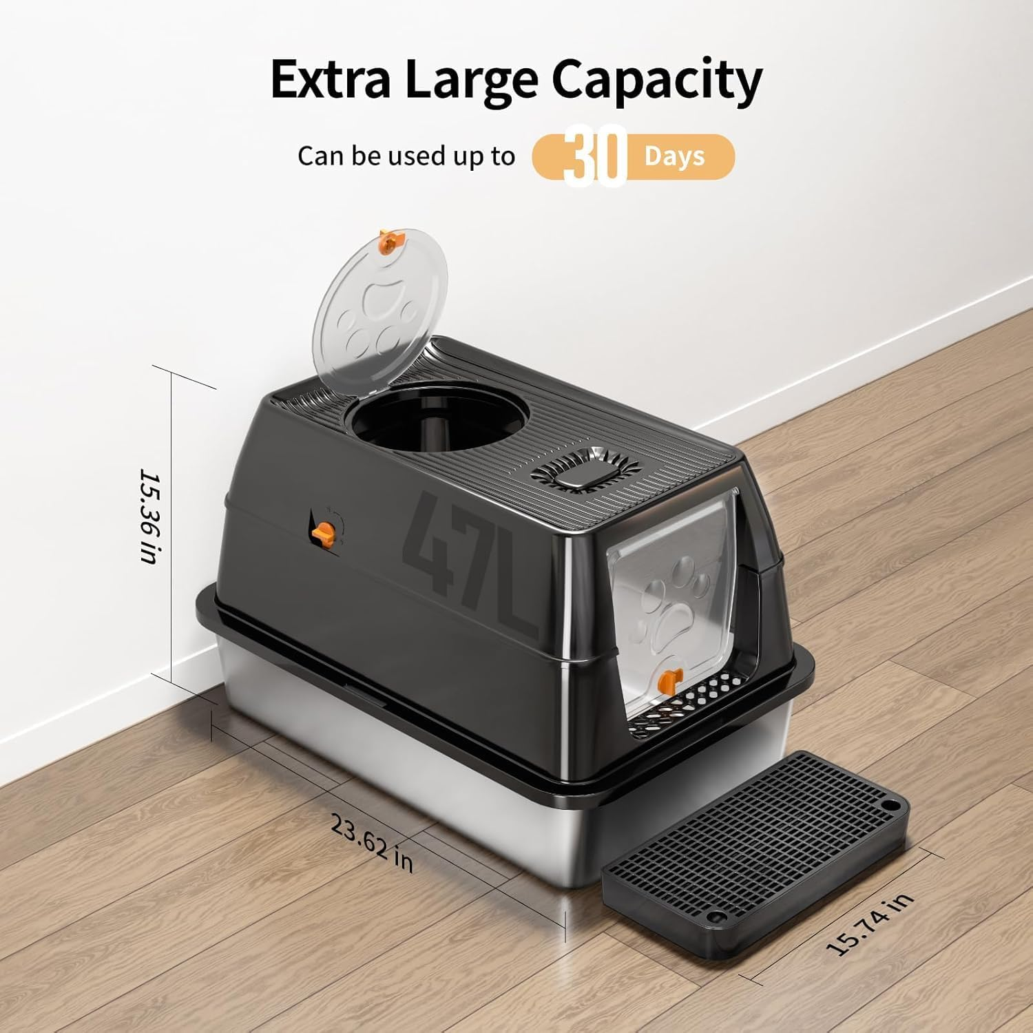 Stainless Steel Cat Litter Box with Lid, Large Enclosed High Sided Litter Box with Removable Lid, Carbon Filters -Odor Free, Easy Cleaning, Anti-Urine Leakage for Big Cats (Black) image number 5