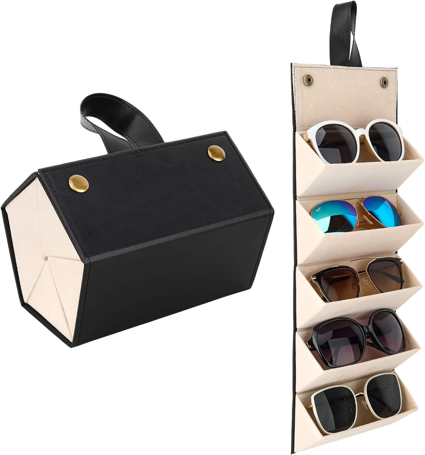 Glasses Organiser, Travel Foldable Sunglasses Storage Organizer for Multiple Glasses Case 5 Slots PU Leather Portable Eyeglasses Storage Box Hanging Eyewear Holder for Women and Men
